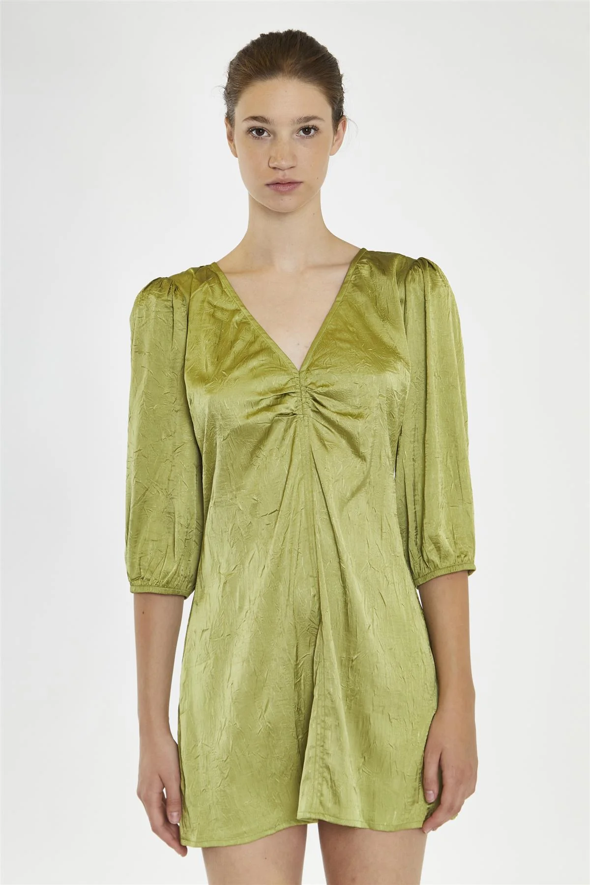 Light-Olive V-Neck-Ruched-Front Mini-Dress - Image 3