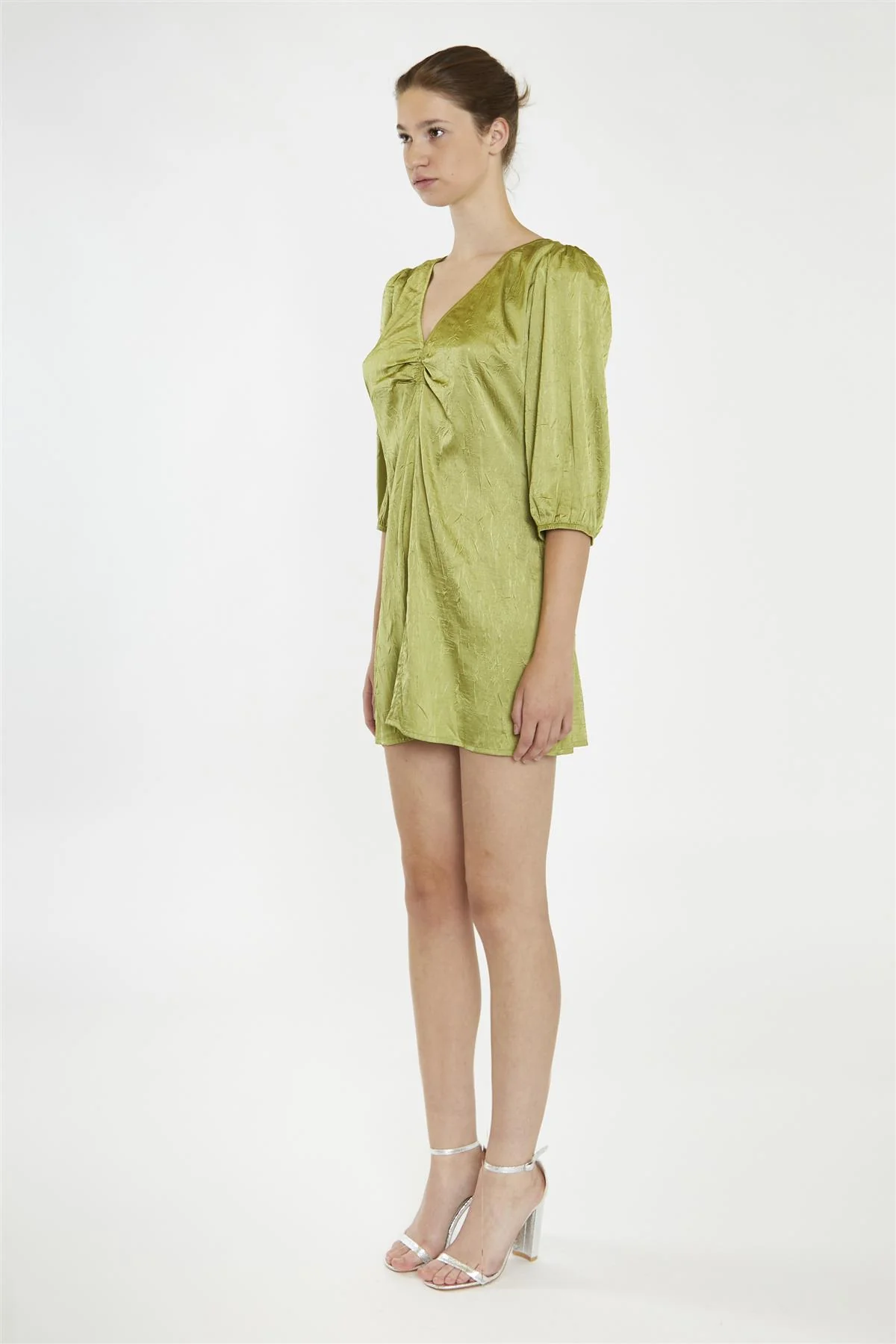 Light-Olive V-Neck-Ruched-Front Mini-Dress - Image 4