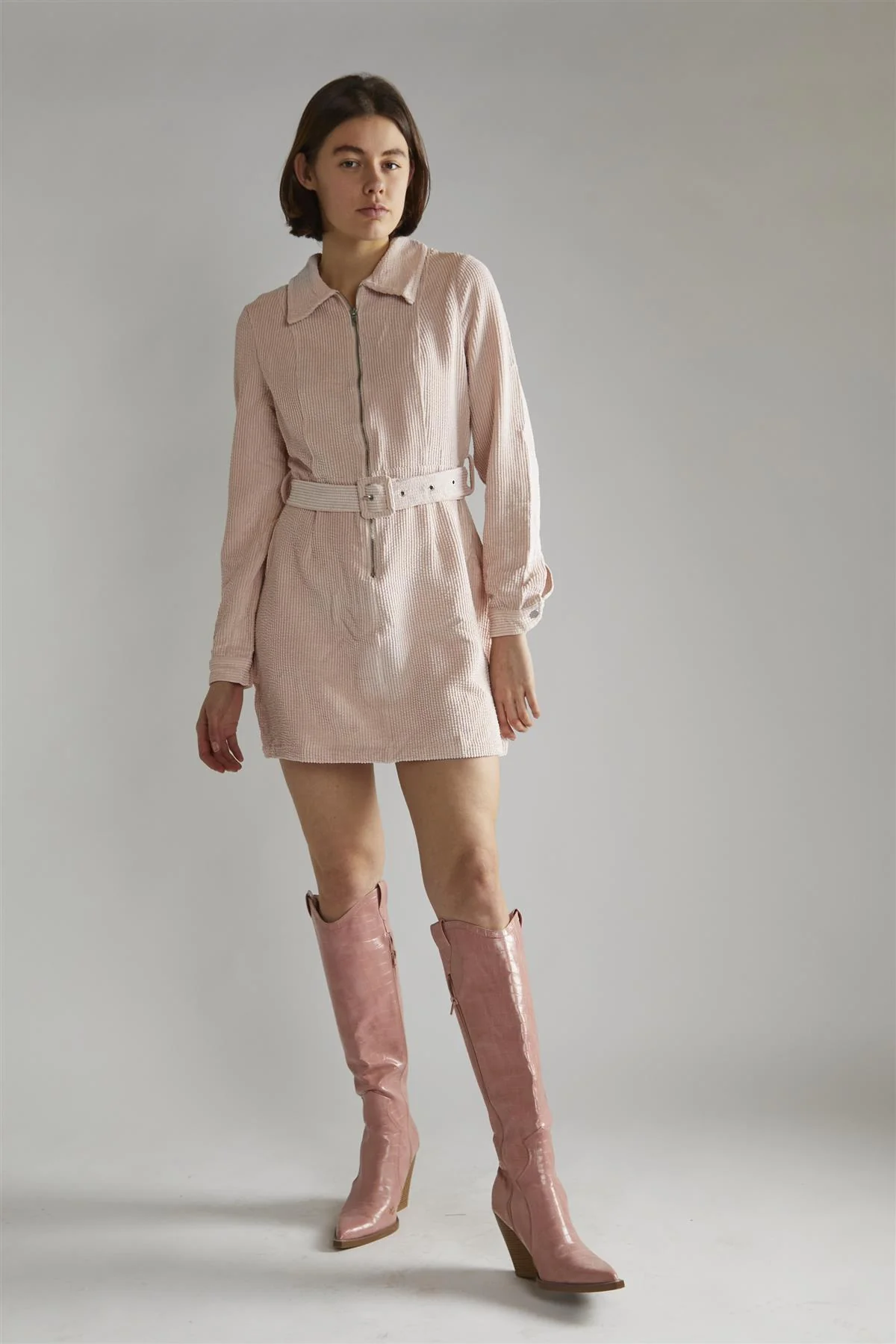 Light Pink Cord Long Sleeve Mini Dress - Image 3