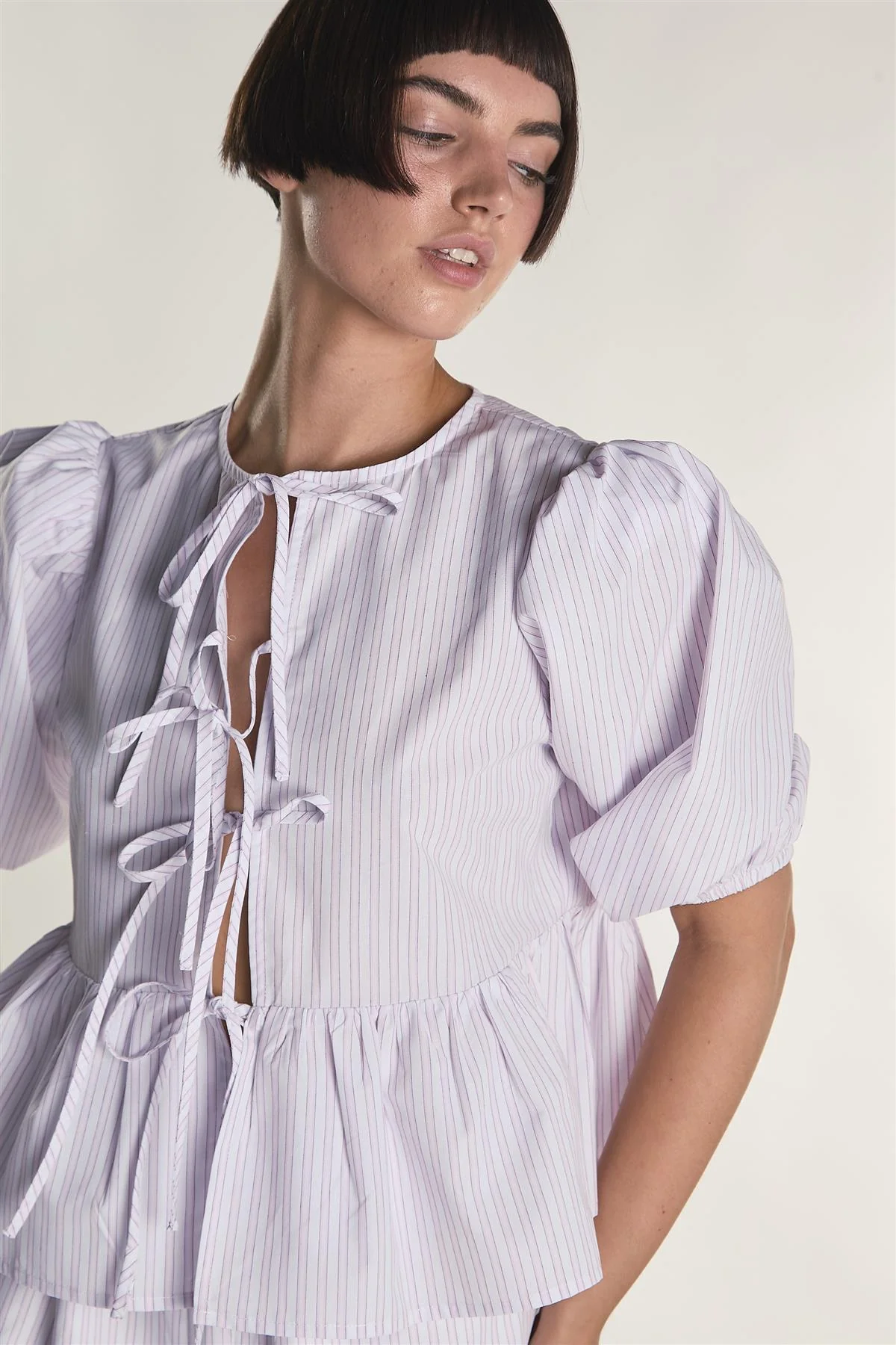 Light Pink Stripe Tie Front Puff Sleeve Top - Image 3