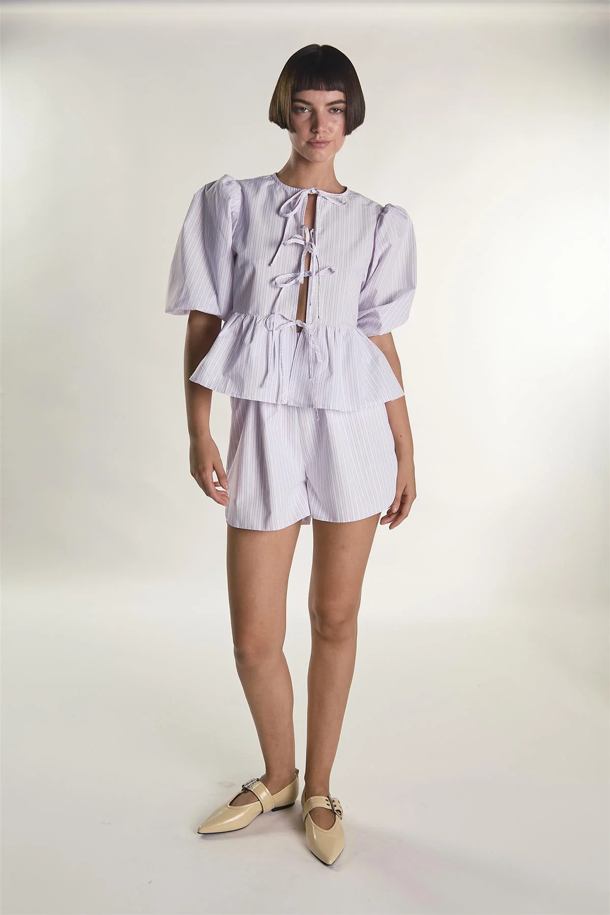 Light Pink Stripe Tie Front Puff Sleeve Top - Image 4