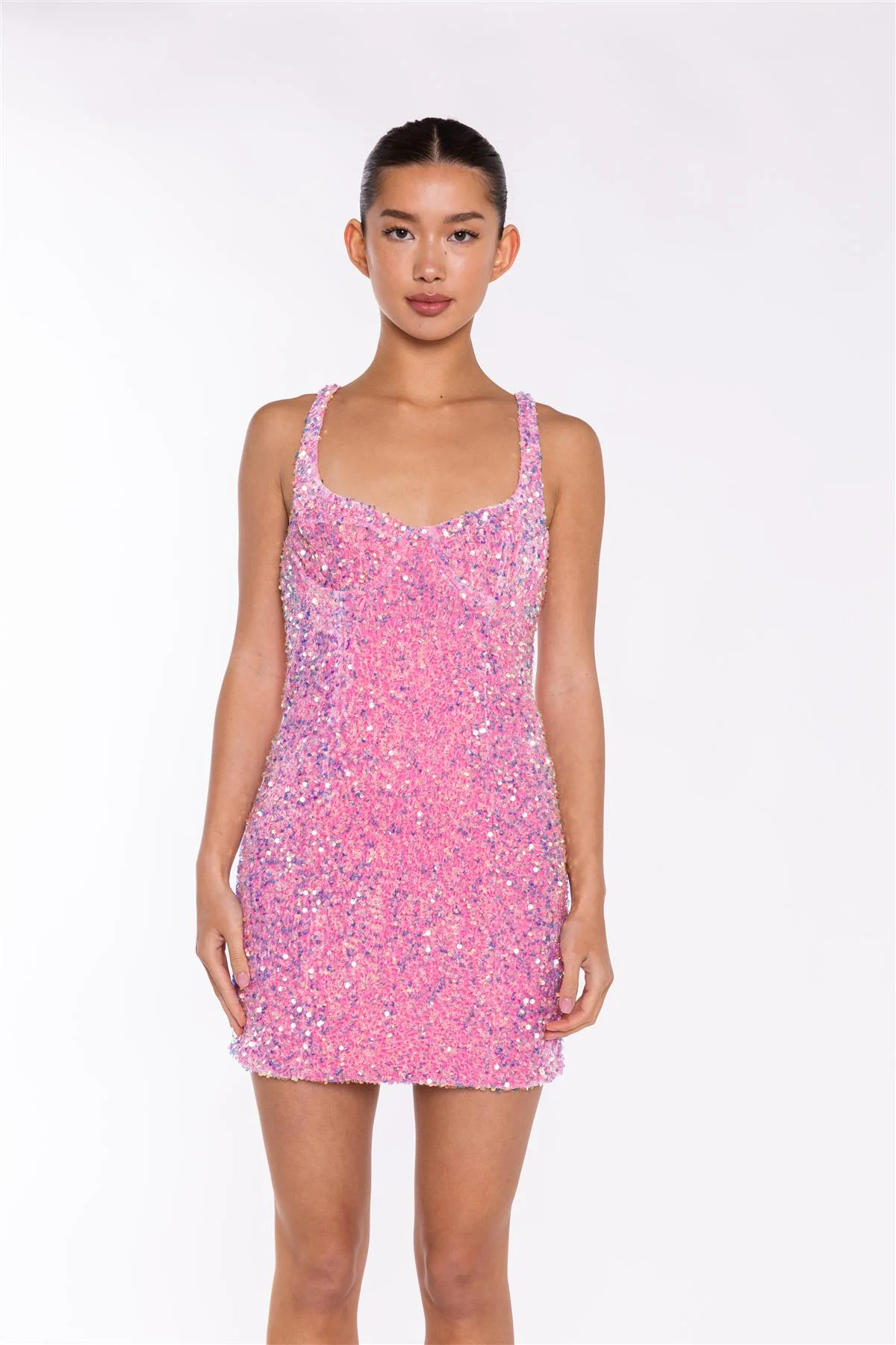 Light-Pink Velvet-Sequin Corset Mini-Dress - Image 3