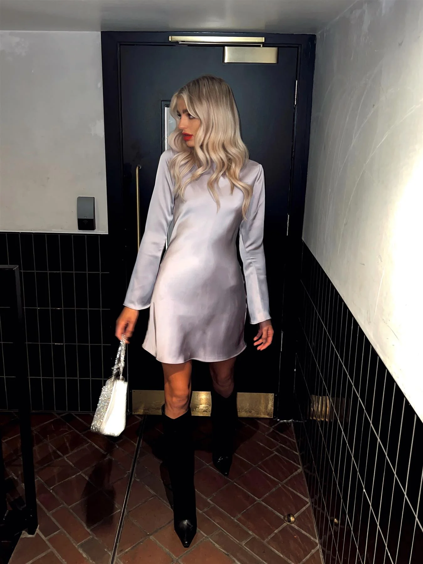 Lilac-Ash Satin Flared-Sleeve Mini-Dress - Image 4