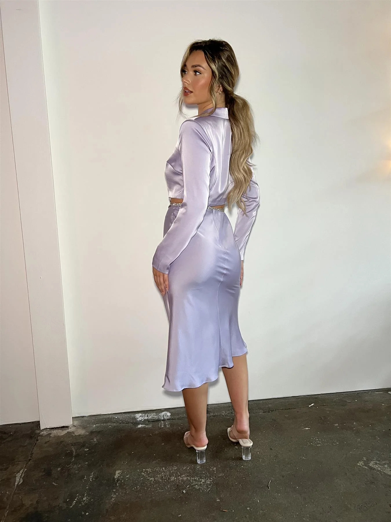 Lilac-Satin Diamante Trim Wrap Crop-Top - Image 2