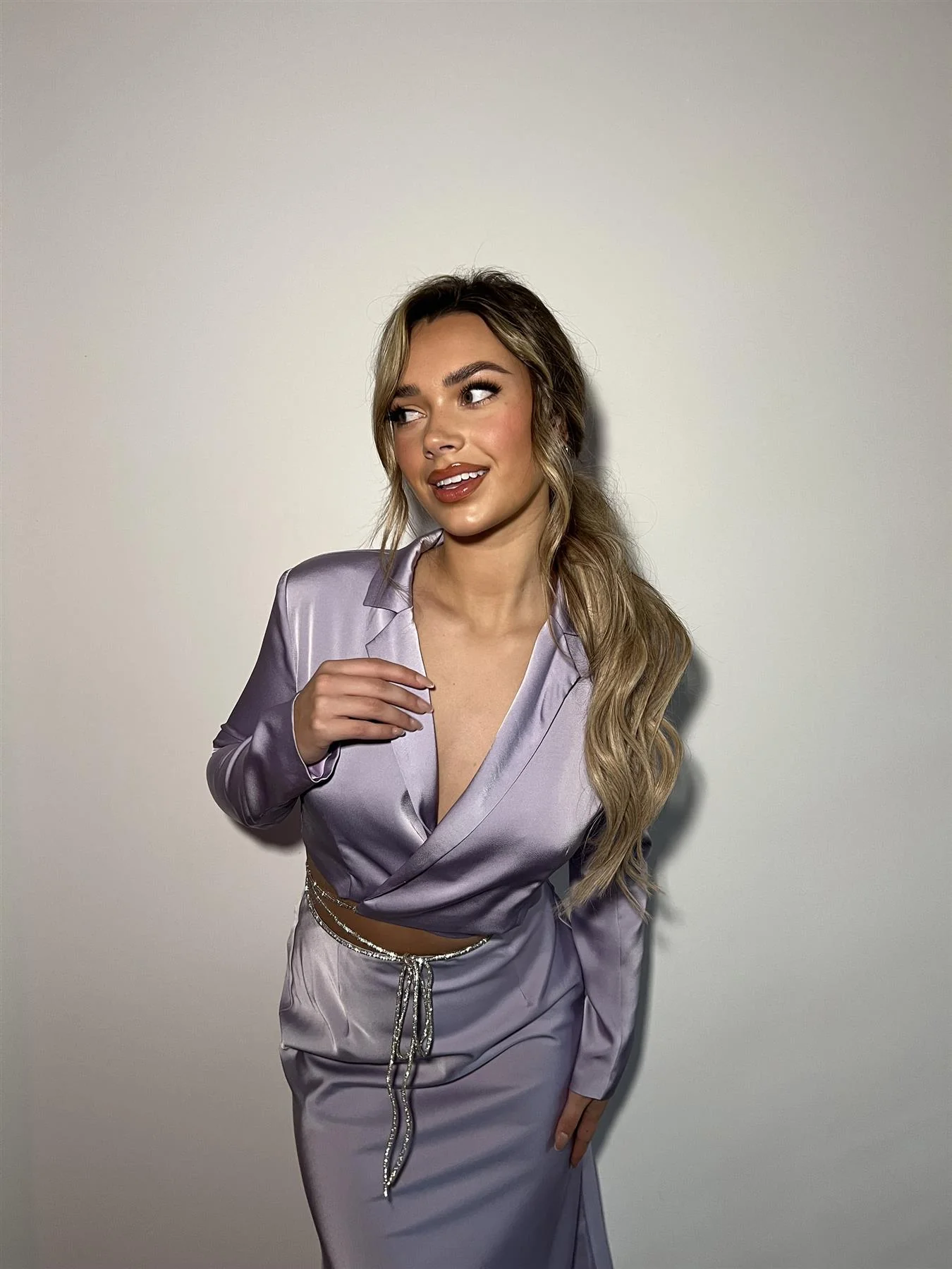 Lilac-Satin Diamante Trim Wrap Crop-Top - Image 4