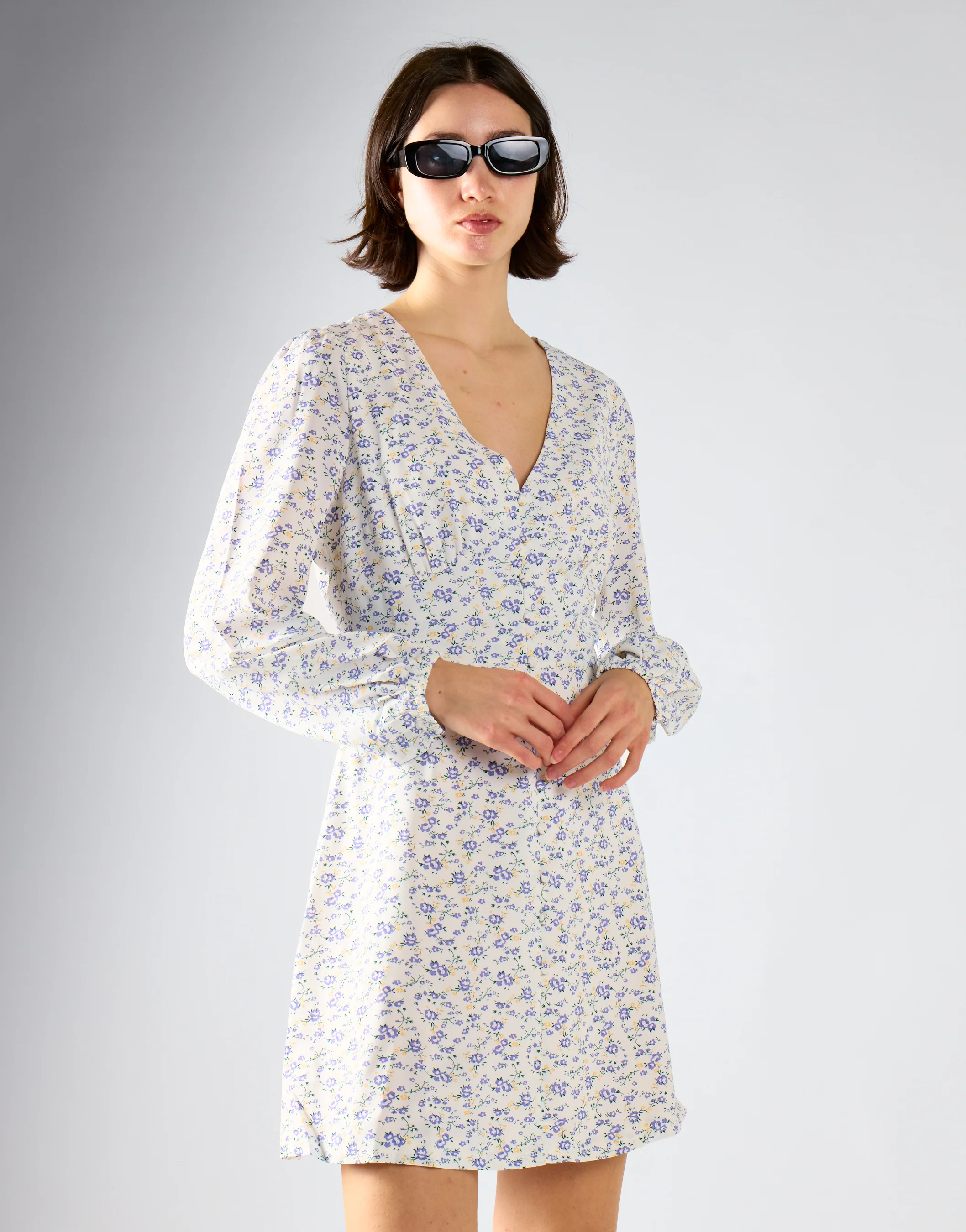 Lilac-Yellow Ditsy V-Neck Mini-Dress - Image 3