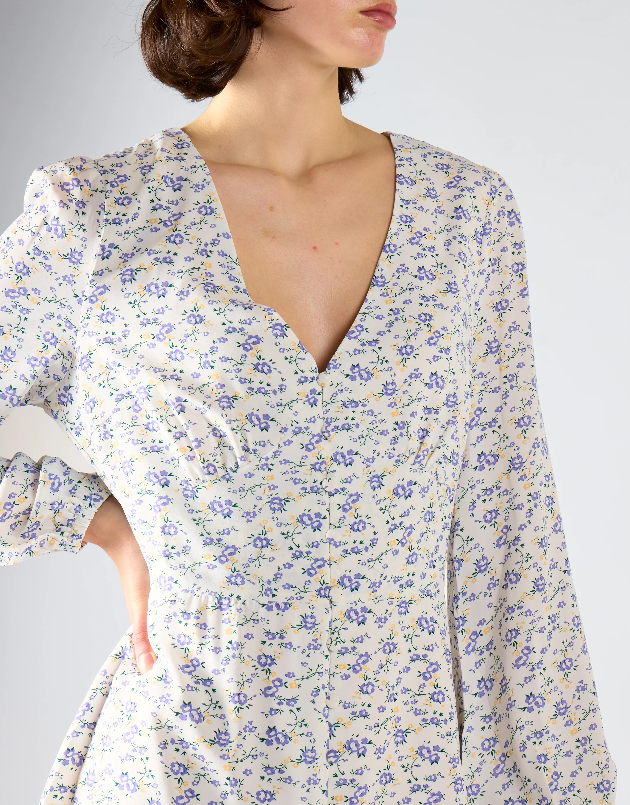 Lilac-Yellow Ditsy V-Neck Mini-Dress - Image 4