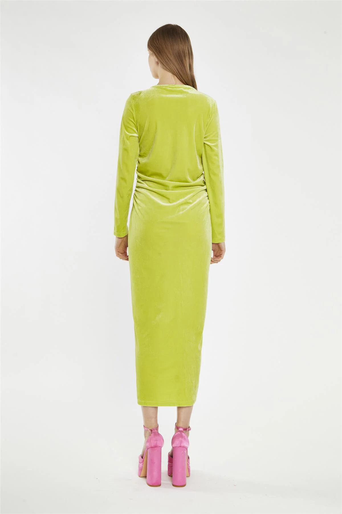 Lime-Green Velvet Ruched-Front Midi-Dress - Image 2