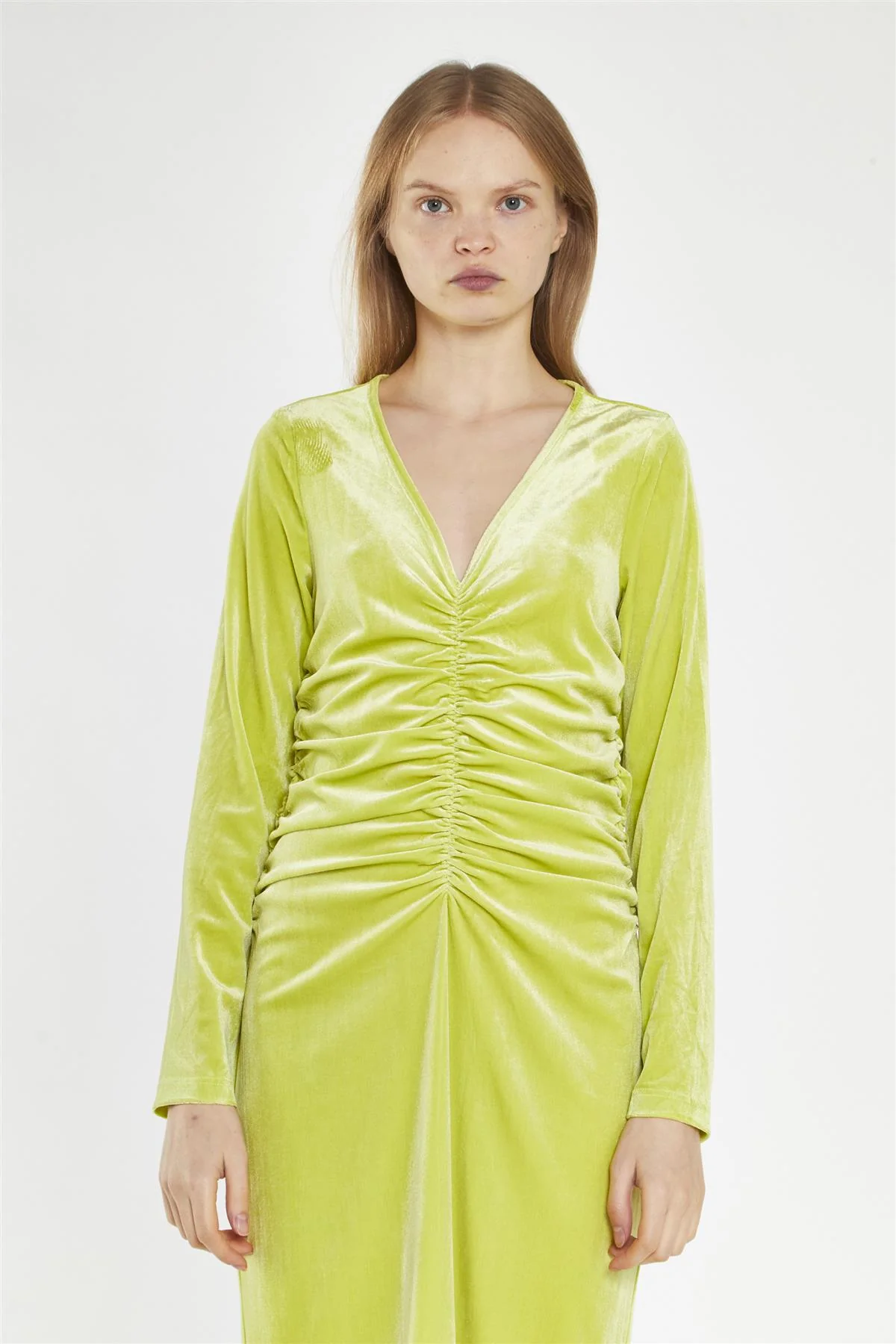Lime-Green Velvet Ruched-Front Midi-Dress - Image 3