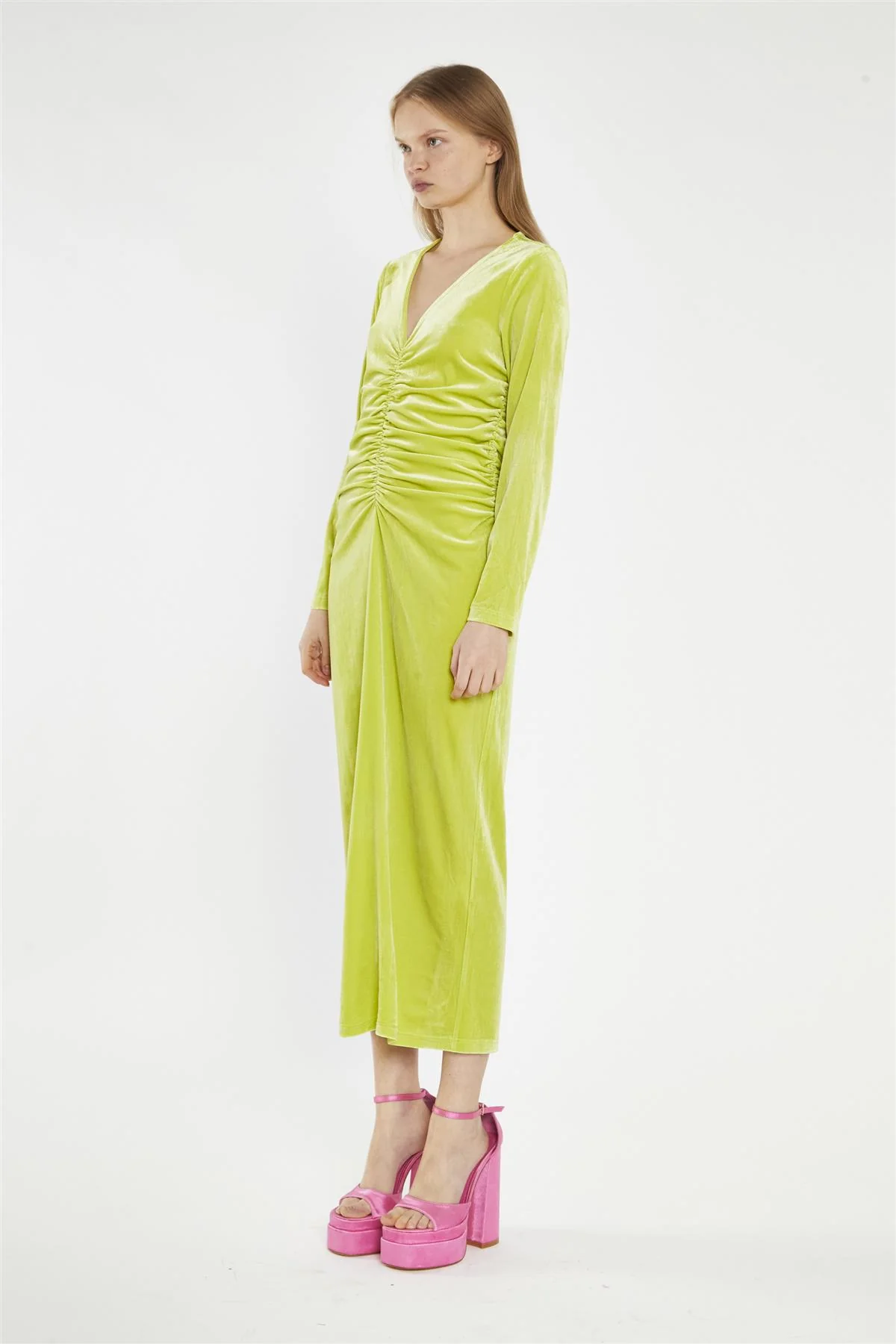 Lime-Green Velvet Ruched-Front Midi-Dress - Image 4
