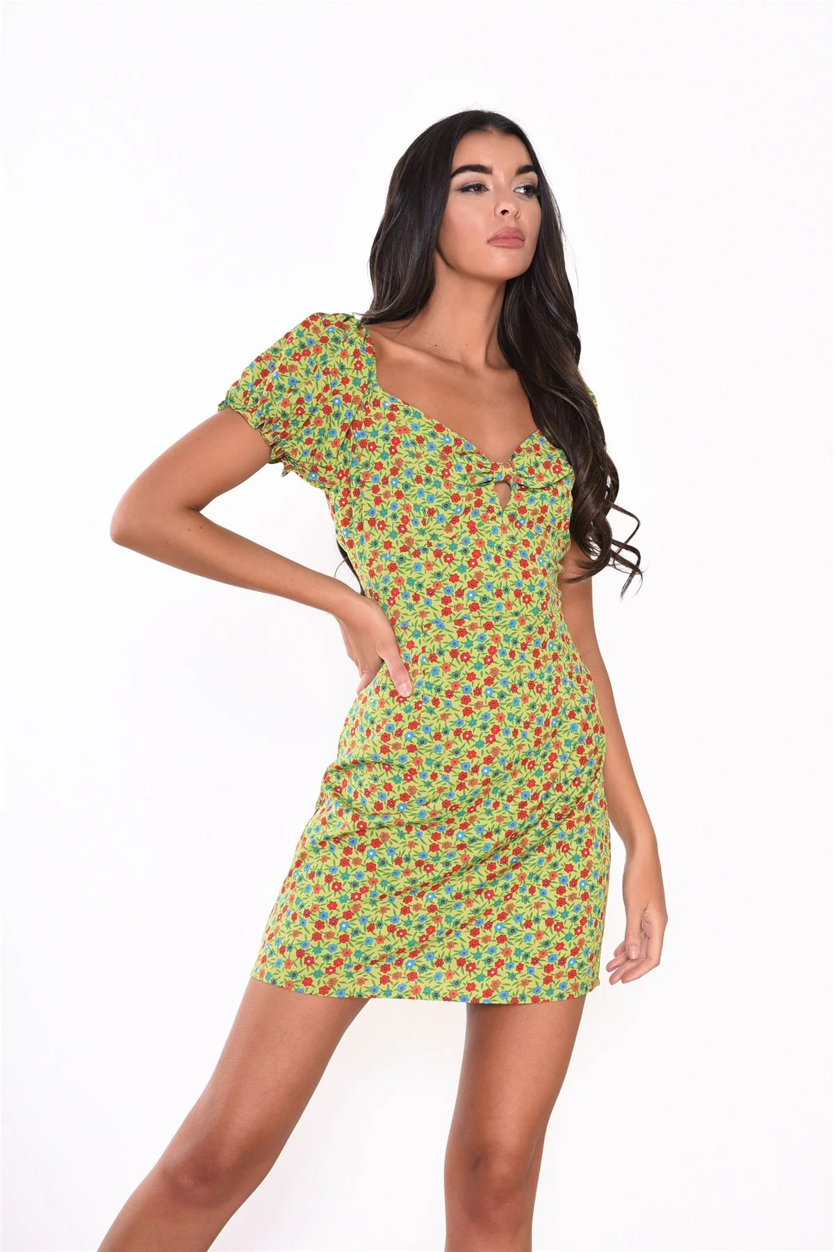 Lime-Red-Ditsy Short-Sleeve Mini-Dress