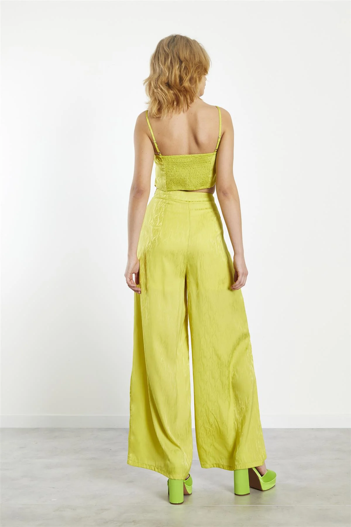 Lime-Satin Jacquard High-Waist Wide-Leg Trousers - Image 2