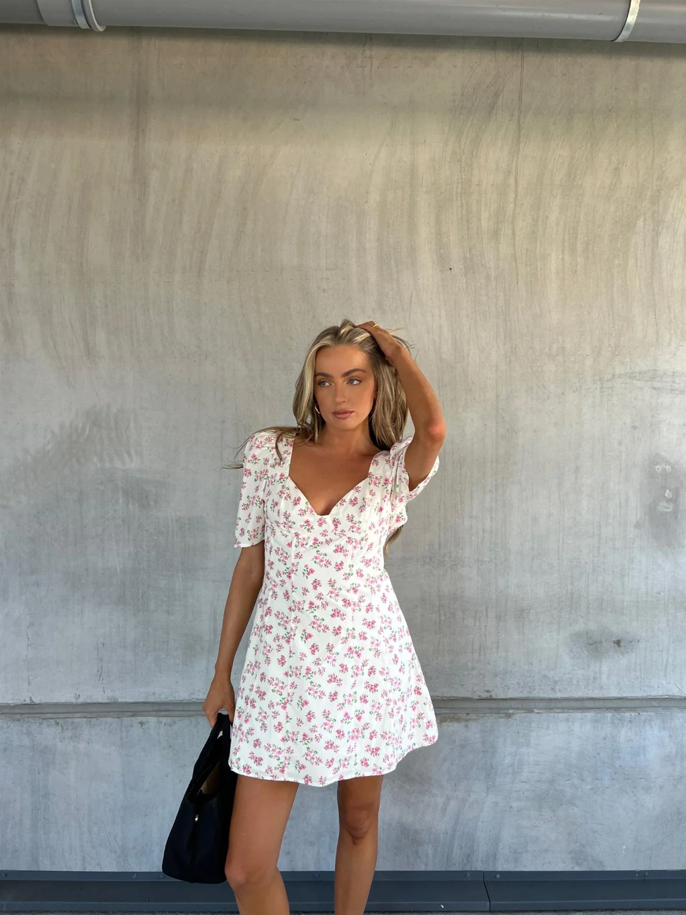 Lola Bust Cup Skater Mini Dress with Cut-Out Back -Cream Pink Bouquet - Image 3