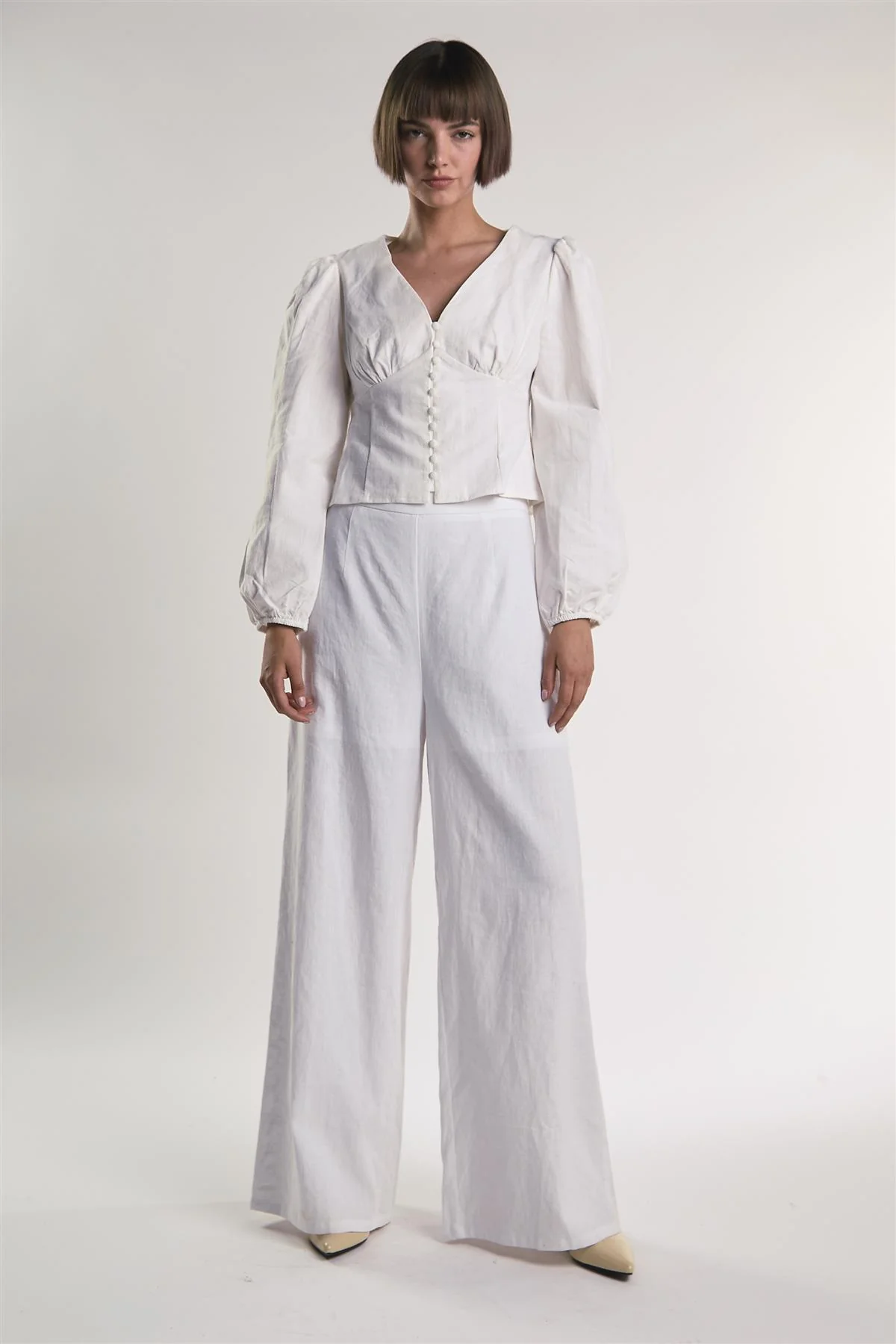 Long Sleeve Button Front V-Neck Blouse