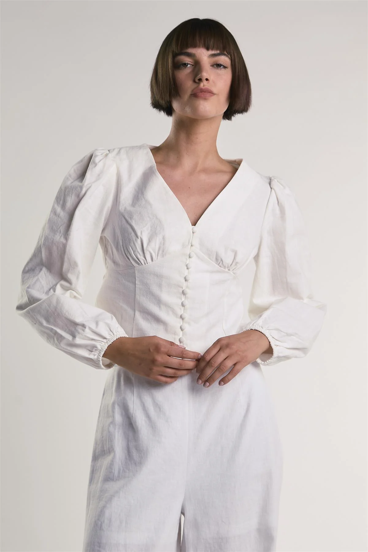 Long Sleeve Button Front V-Neck Blouse - Image 3