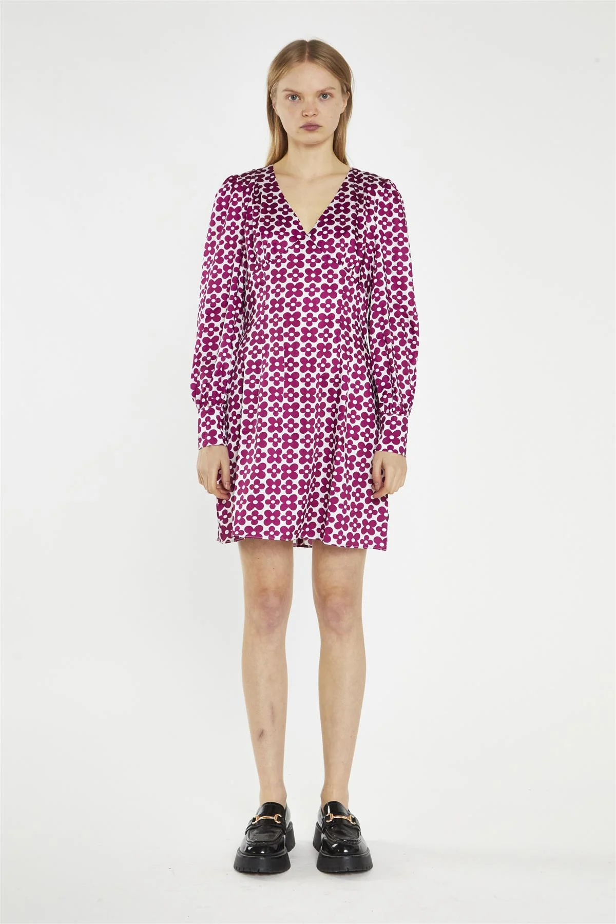 Magenta-Flower V-Neck Mini-Dress