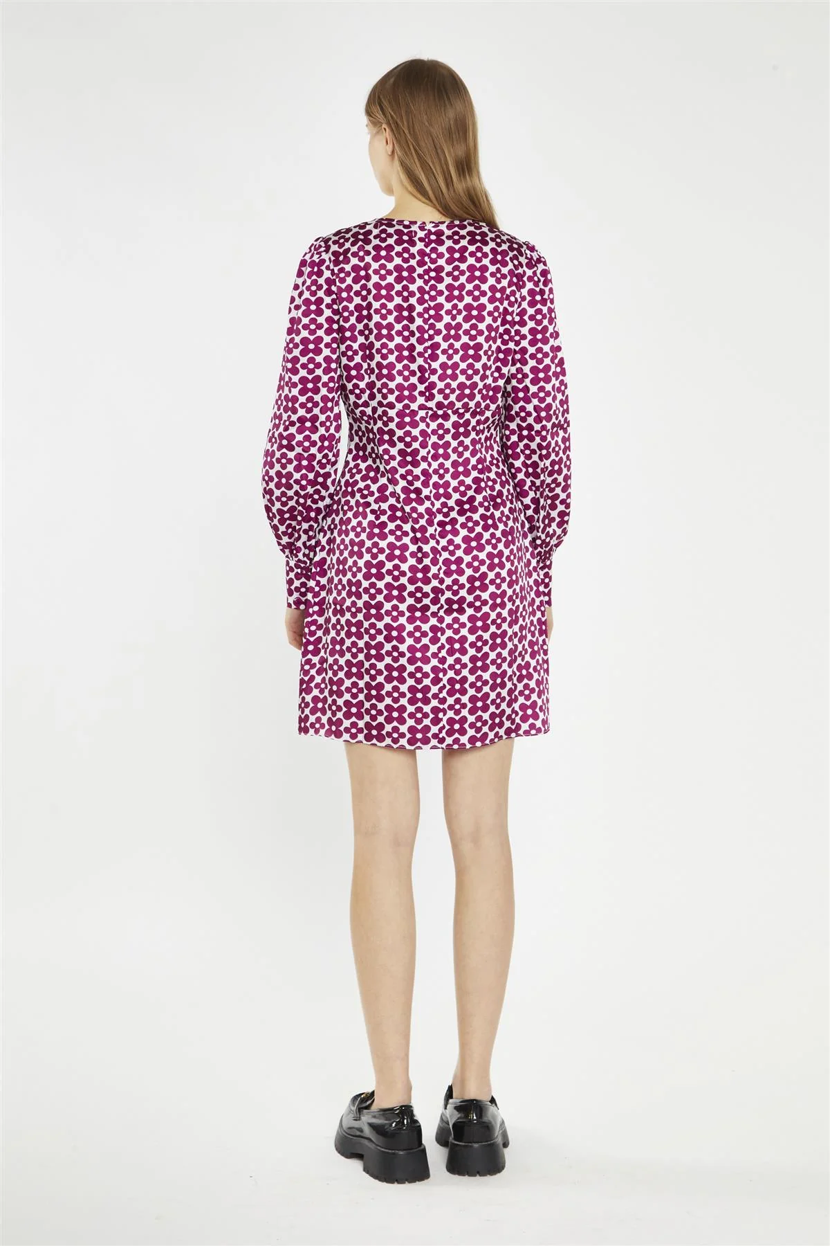 Magenta-Flower V-Neck Mini-Dress - Image 2