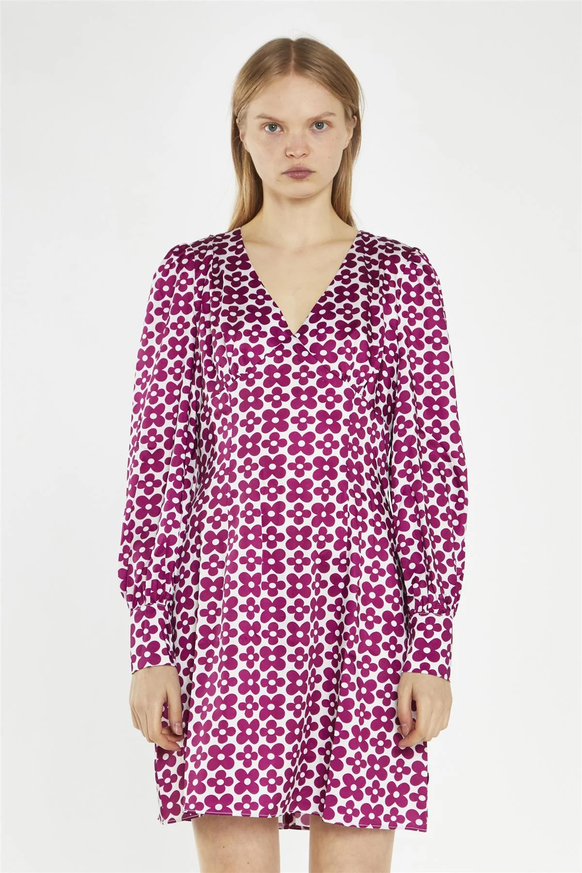 Magenta-Flower V-Neck Mini-Dress - Image 3