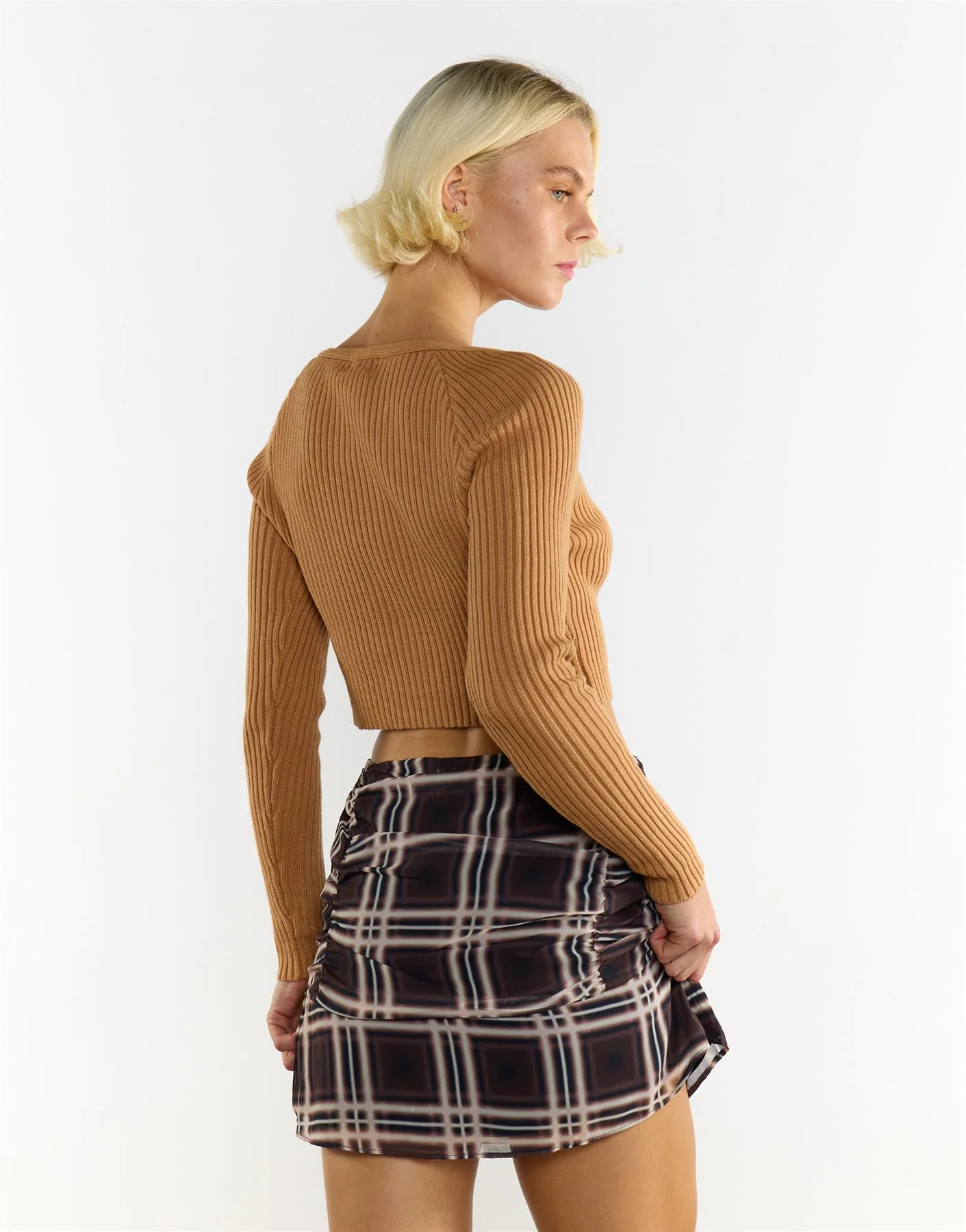 Mahogany Brown Check Ruffle Mini Skirt - Image 3