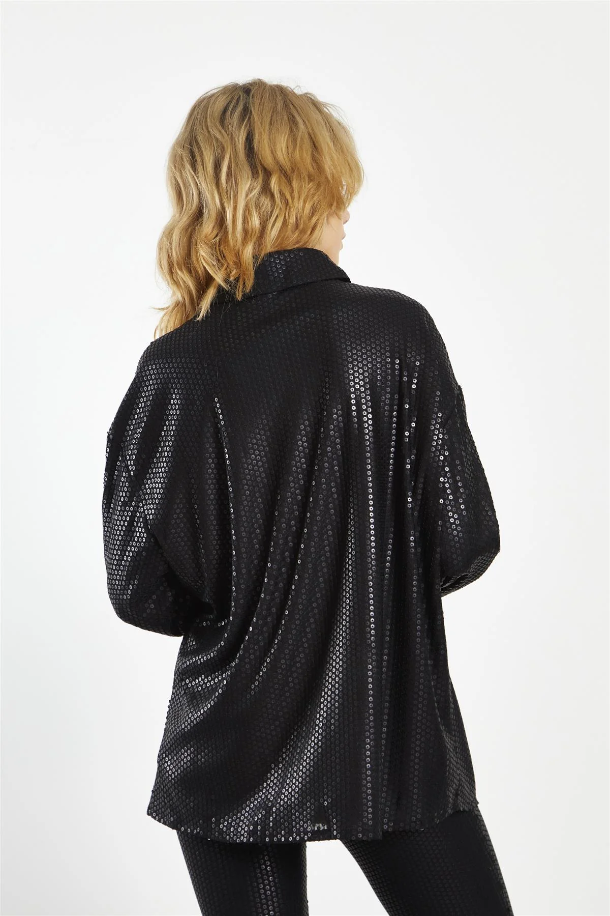 Matt-Black Sequin Collared Long-Sleeve Shirt - Image 2