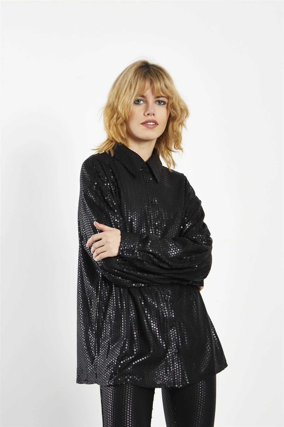 Matt-Black Sequin Collared Long-Sleeve Shirt - Image 4