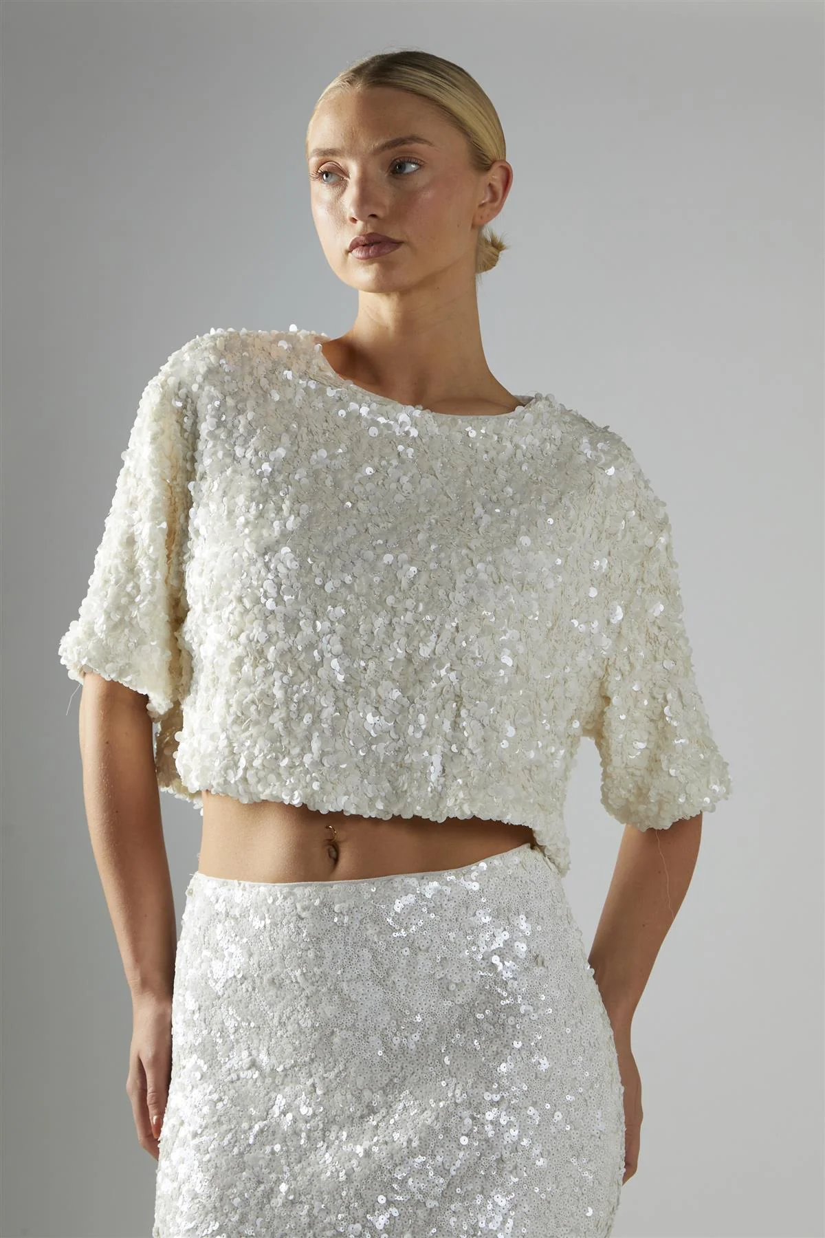 Matt-White-Sequin Boxy Crop-Top - Image 3
