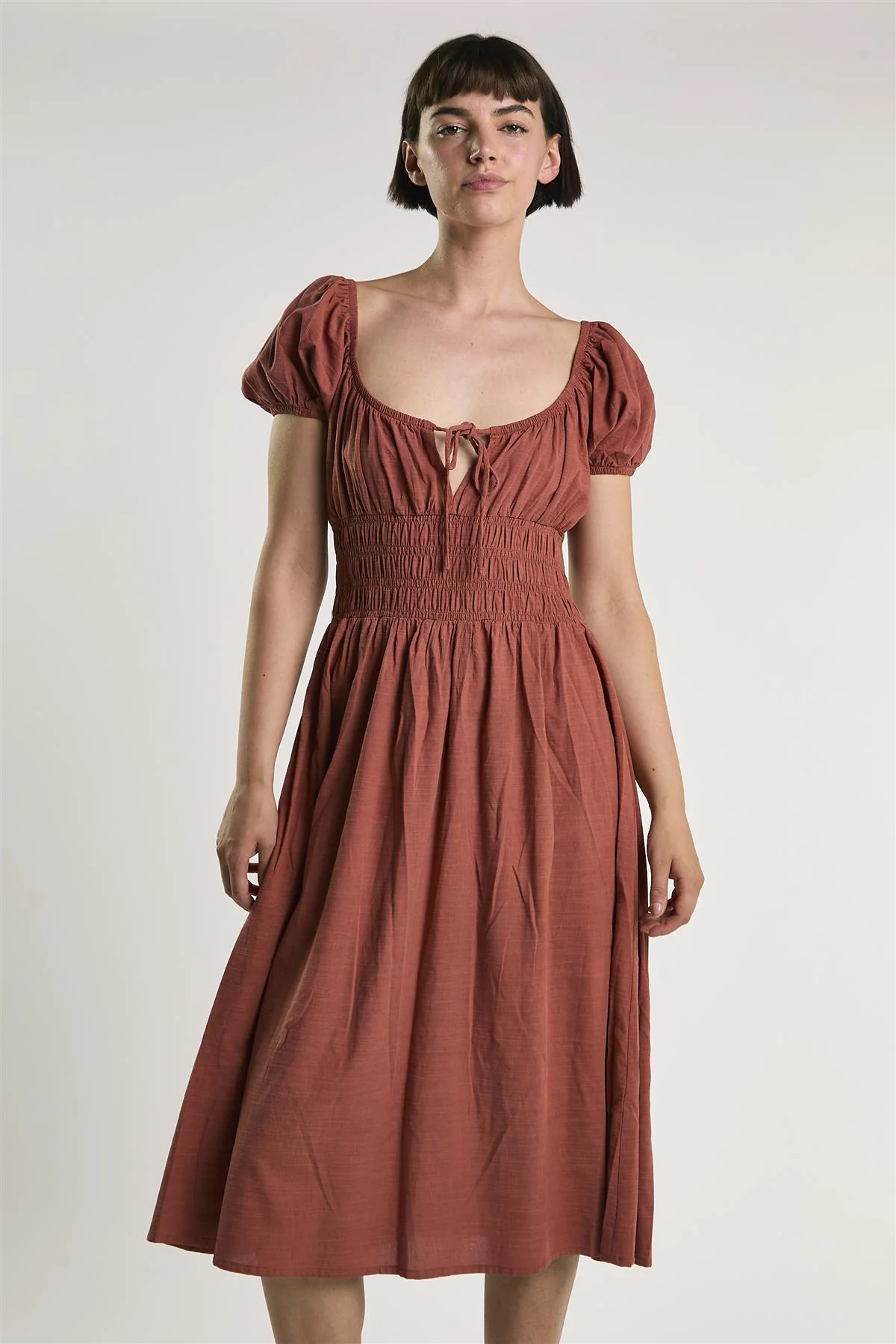 Mid Copper Shirring Waist Midi Dress