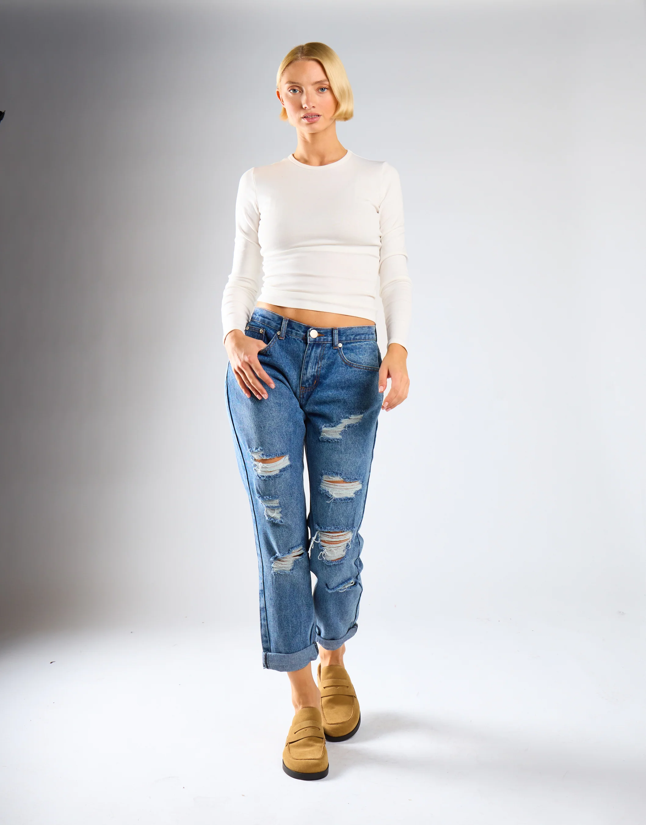 Mid Stone Distressed Low-Rise-Jeans