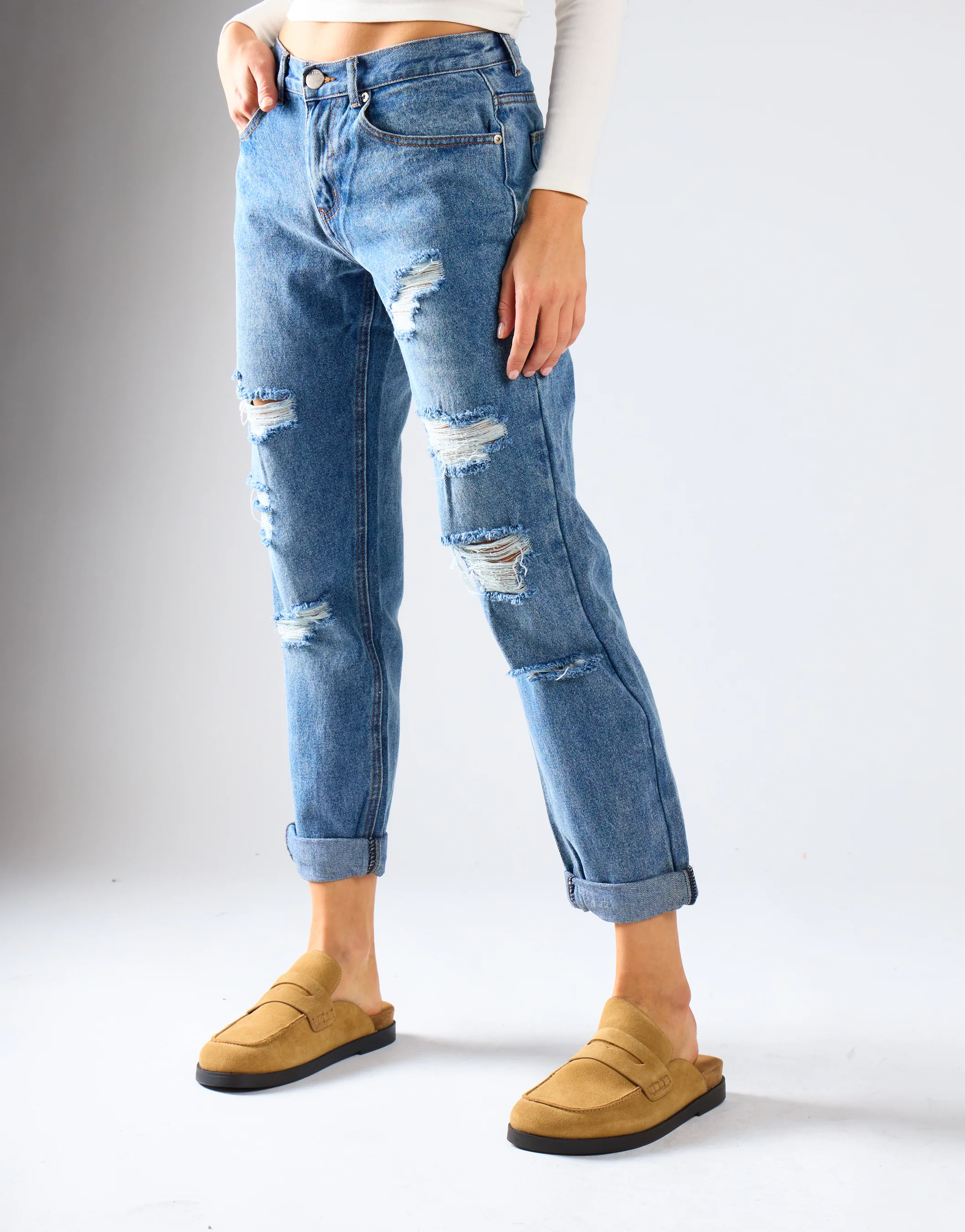 Mid Stone Distressed Low-Rise-Jeans - Image 2