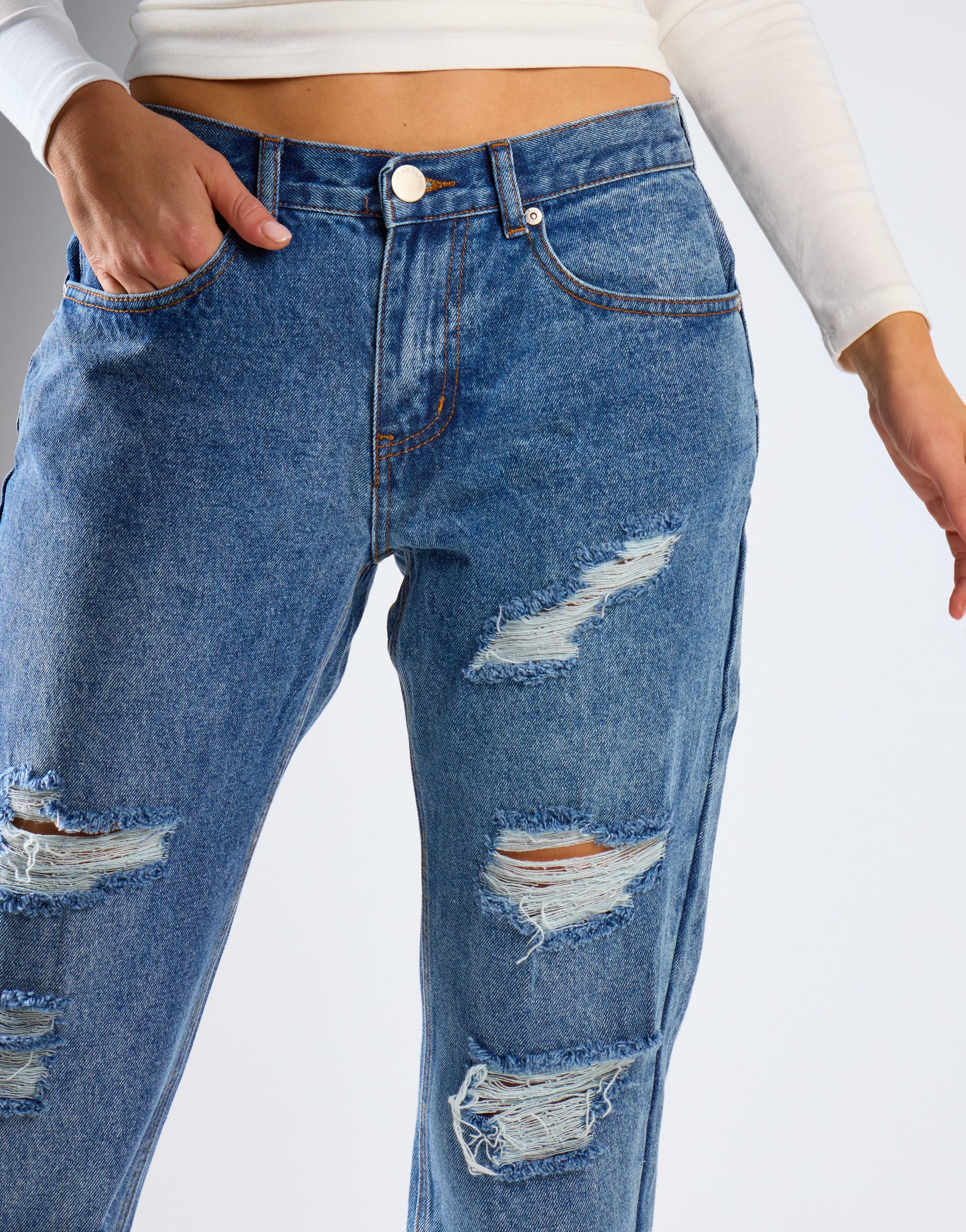 Mid Stone Distressed Low-Rise-Jeans - Image 3