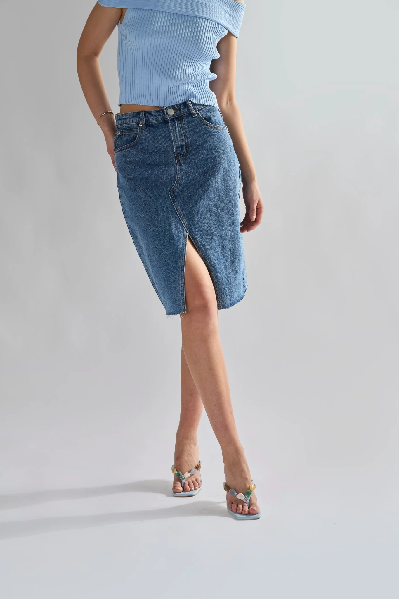Mid Stone Split High Waisted Midi Skirt - Image 3