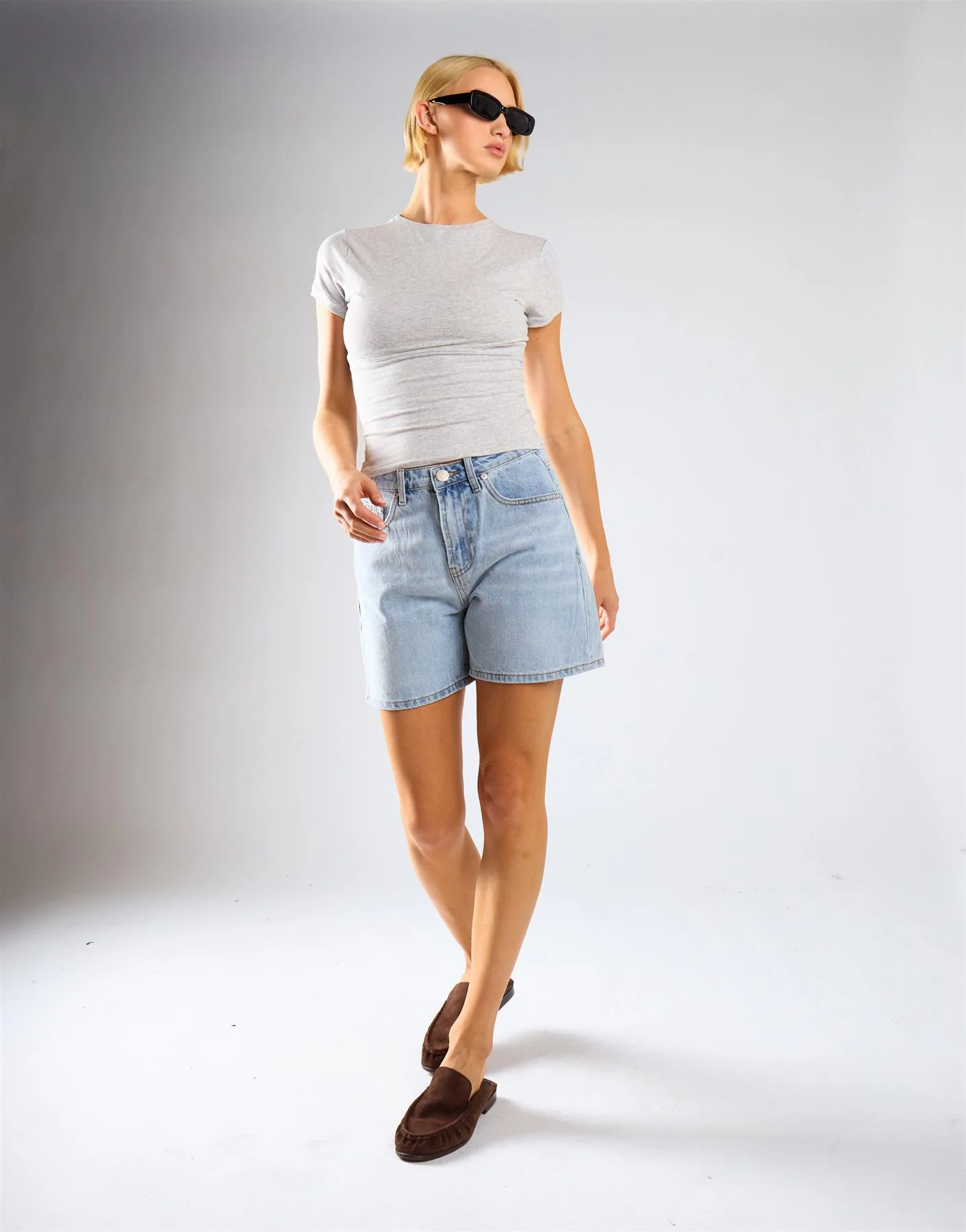 Mid Waist Loose Fit Denim Shorts - Mid Blue