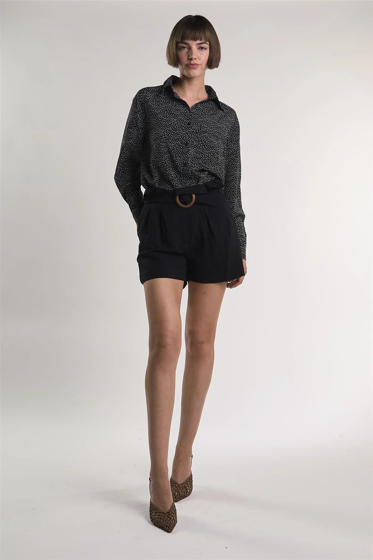 Miniature-Heart-Print Button-Front Long Sleeve-Top