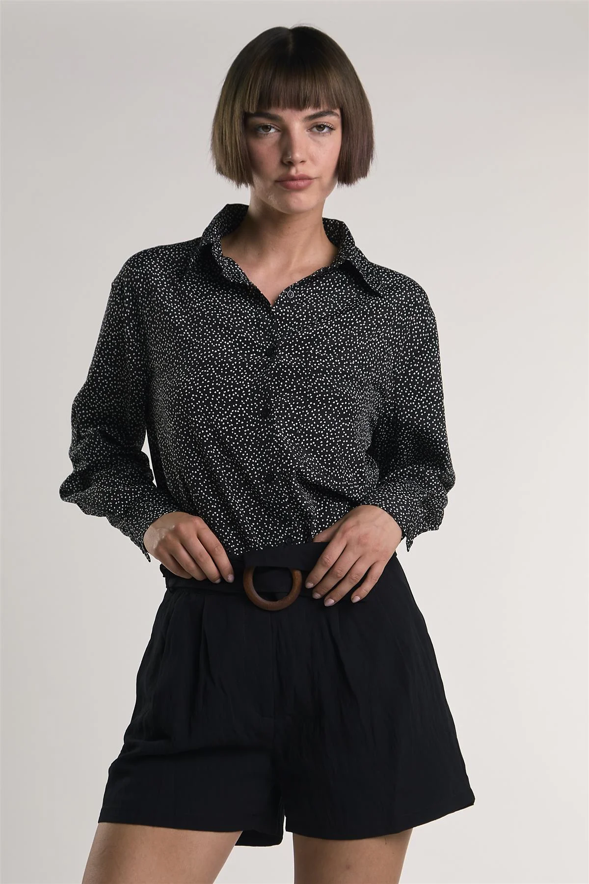 Miniature-Heart-Print Button-Front Long Sleeve-Top - Image 3