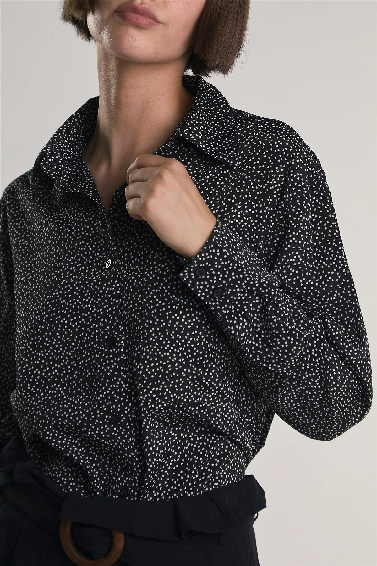 Miniature-Heart-Print Button-Front Long Sleeve-Top - Image 4