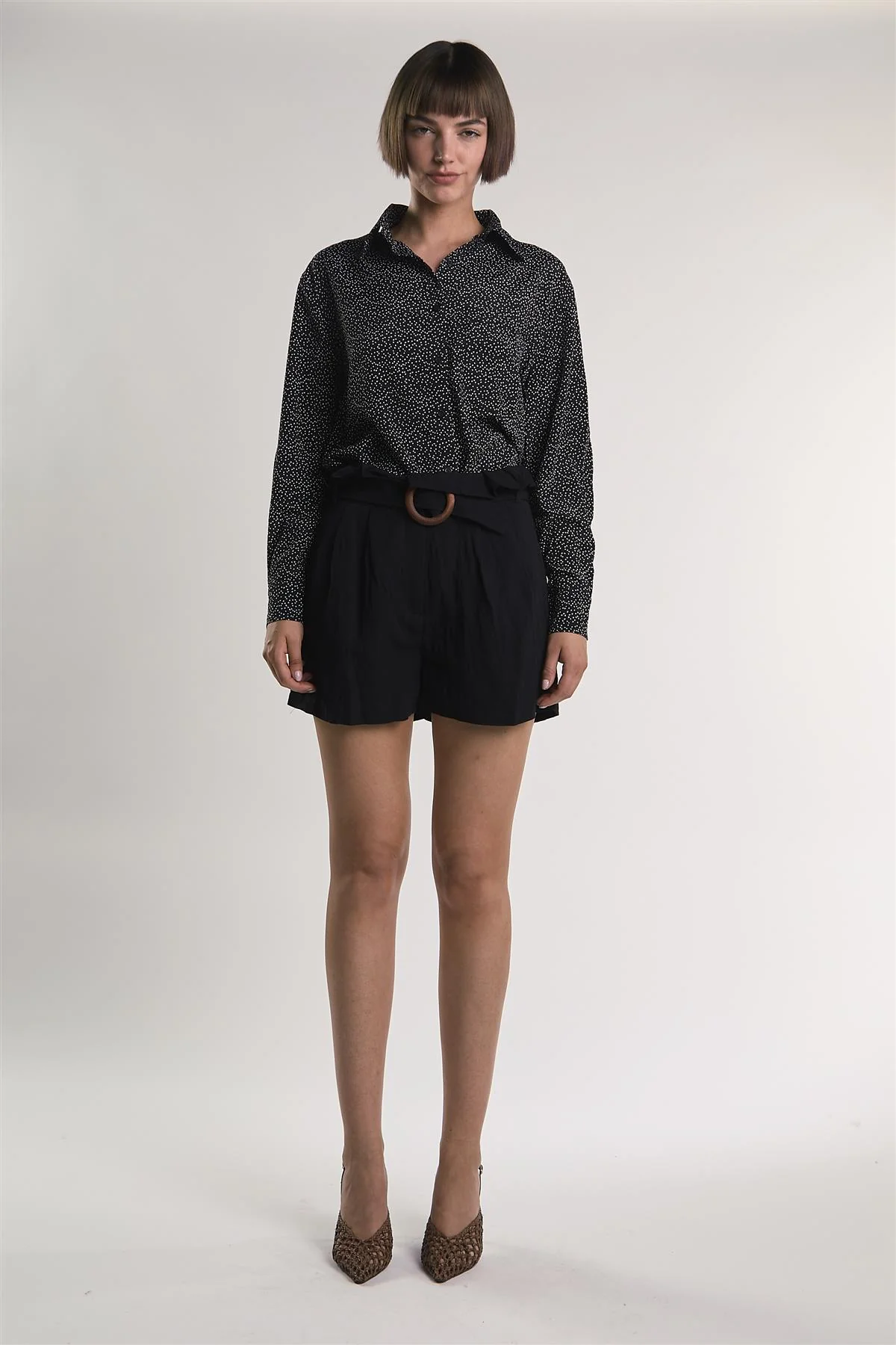 Miniature-Heart-Print Button-Front Long Sleeve-Top - Image 5