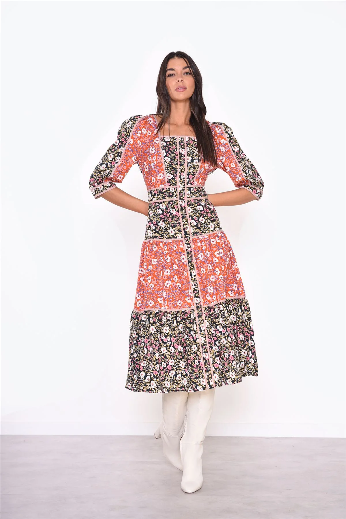 Mixed-Folk Poplin Square-Neck Midi-Dress - Image 4