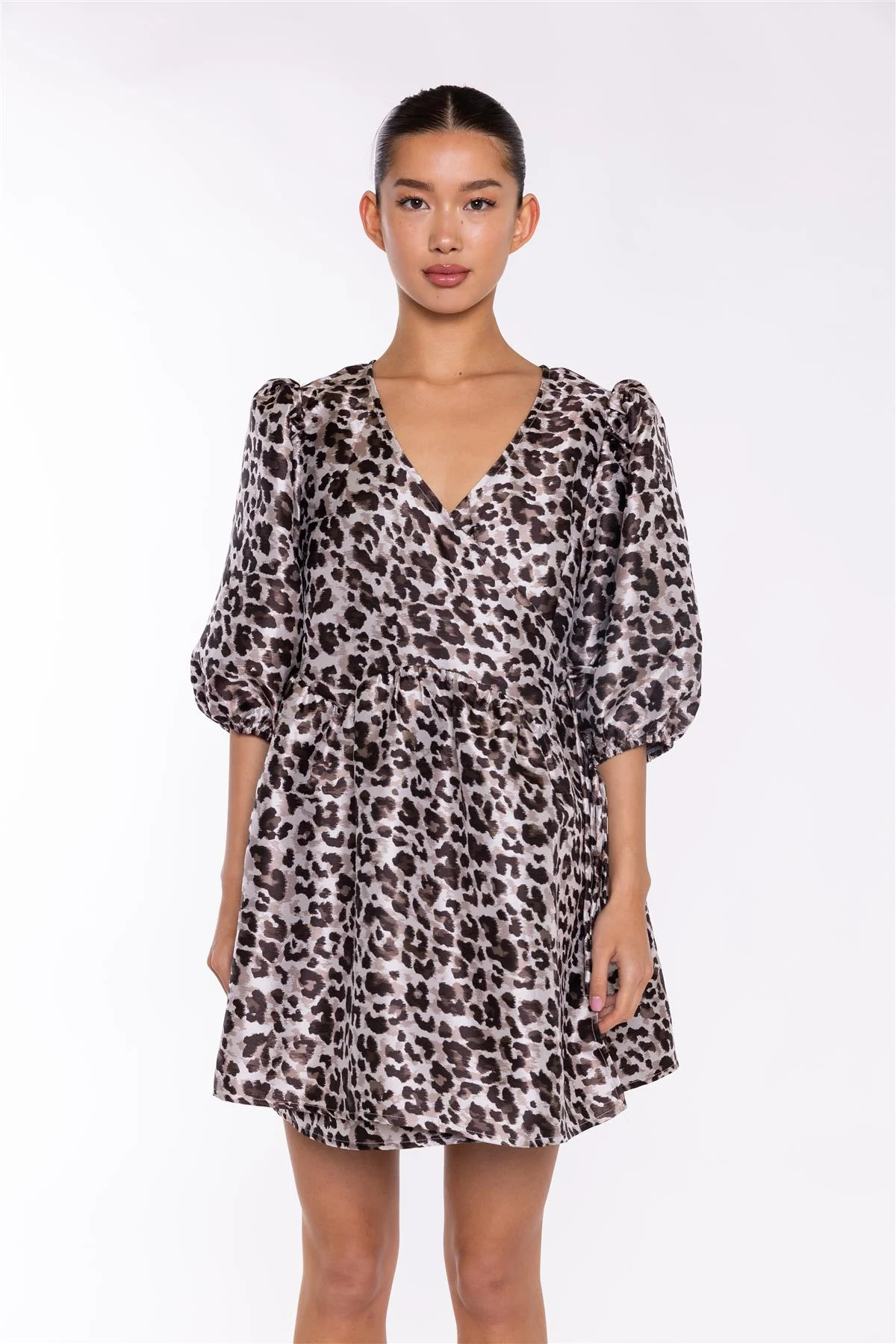 Mocha-Leopard Wrap Babydoll Mini-Dress - Image 3