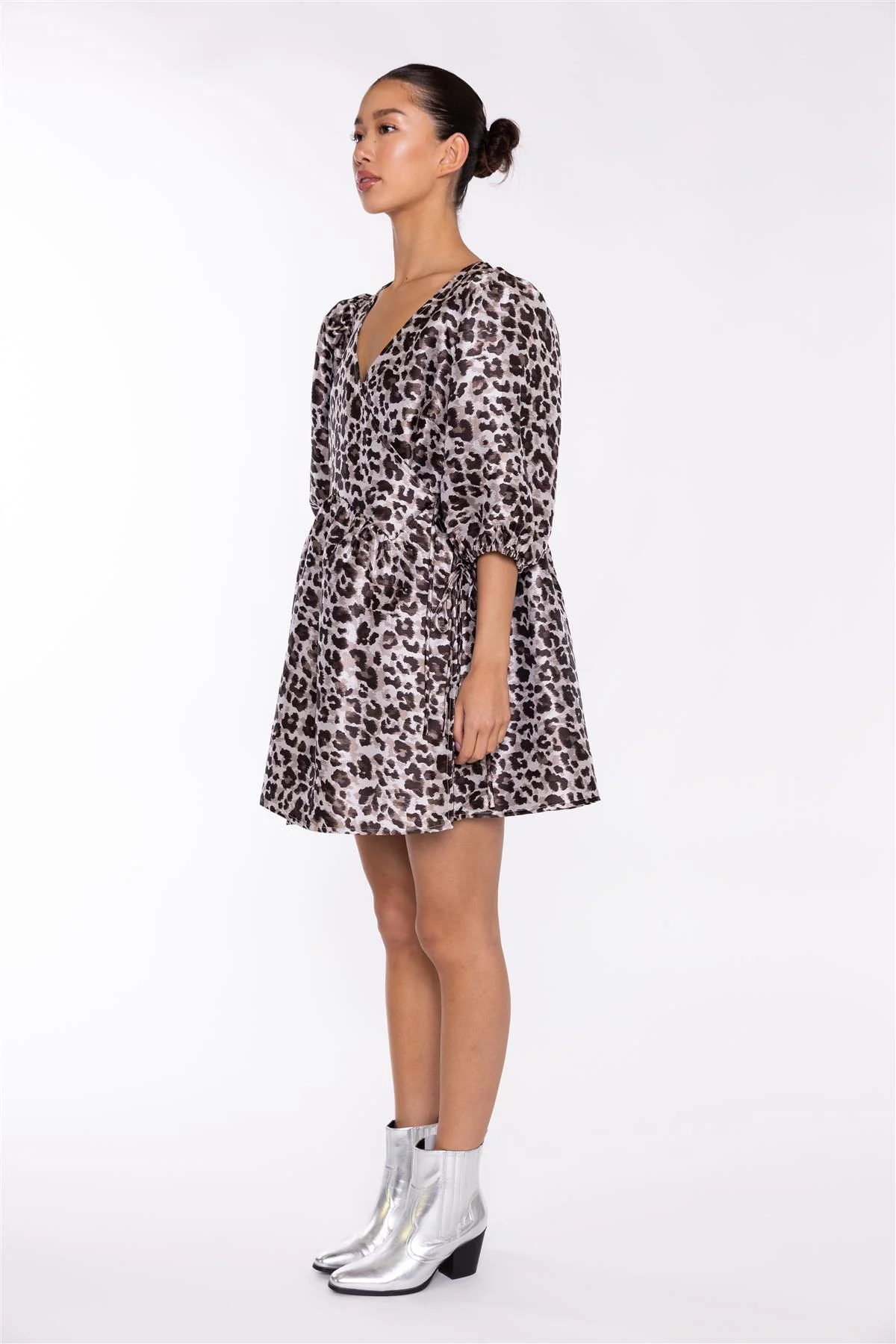 Mocha-Leopard Wrap Babydoll Mini-Dress - Image 4