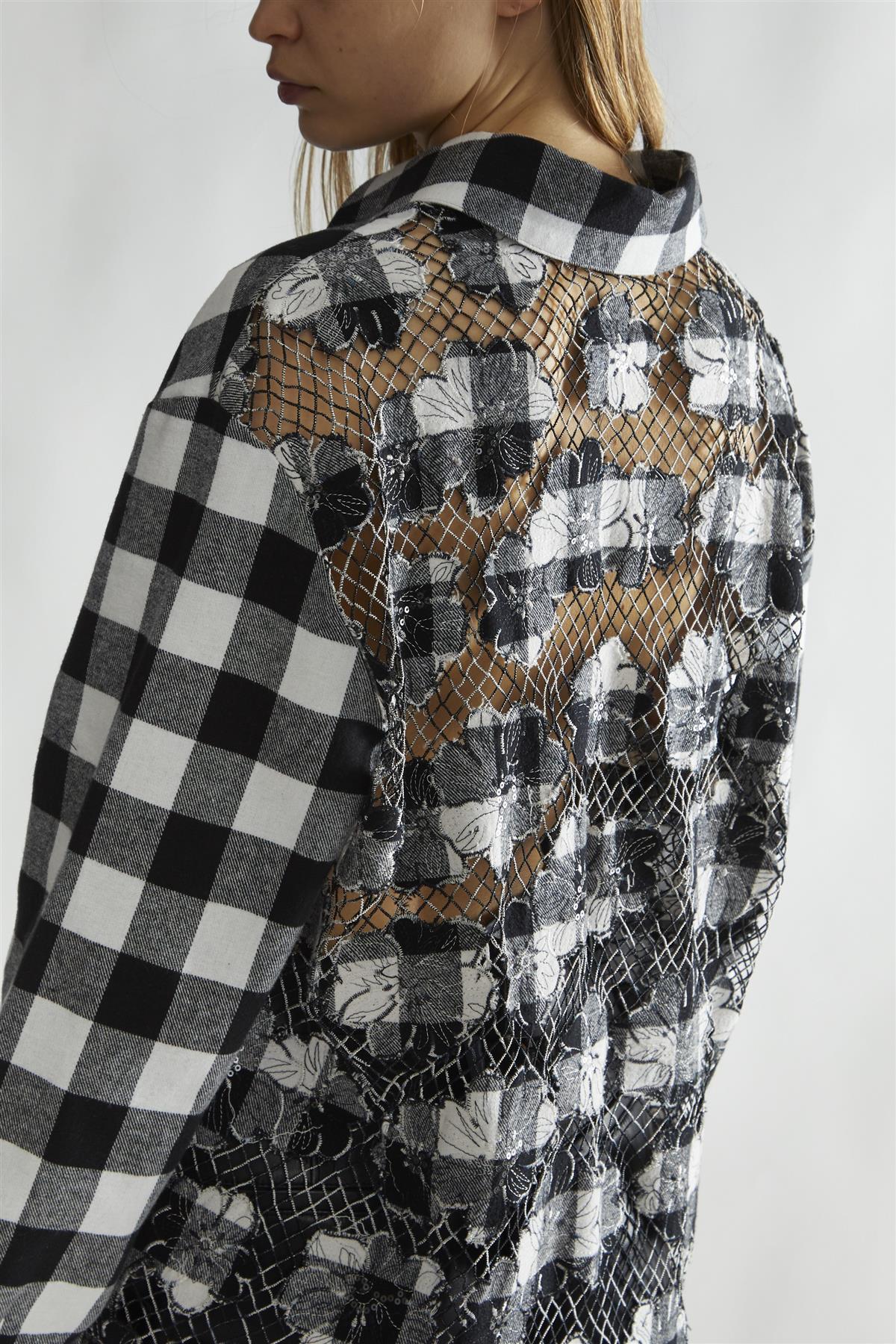 Mono-Check Applique Oversized Classic-Shirt - Image 3