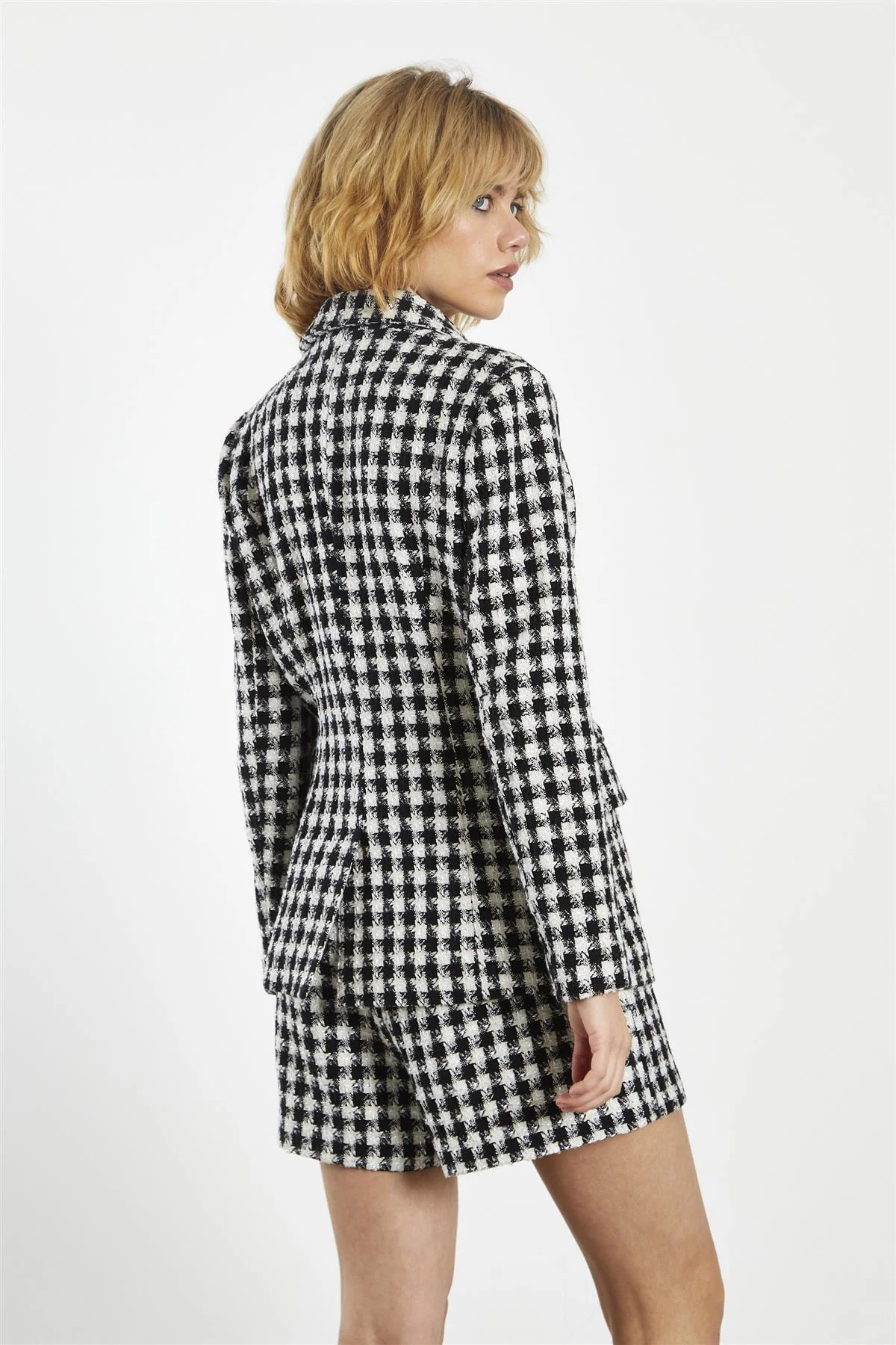 Mono-Check-Tweed Button-Front Long Sleeve-Blazer - Image 2