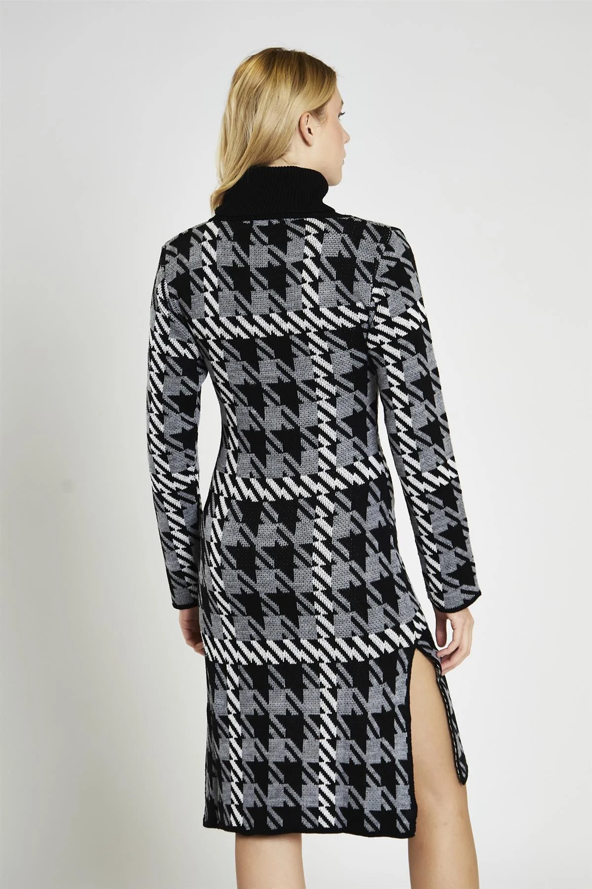 Mono Tartan-Check Roll-Neck Jumper Midi-Dress - Image 2