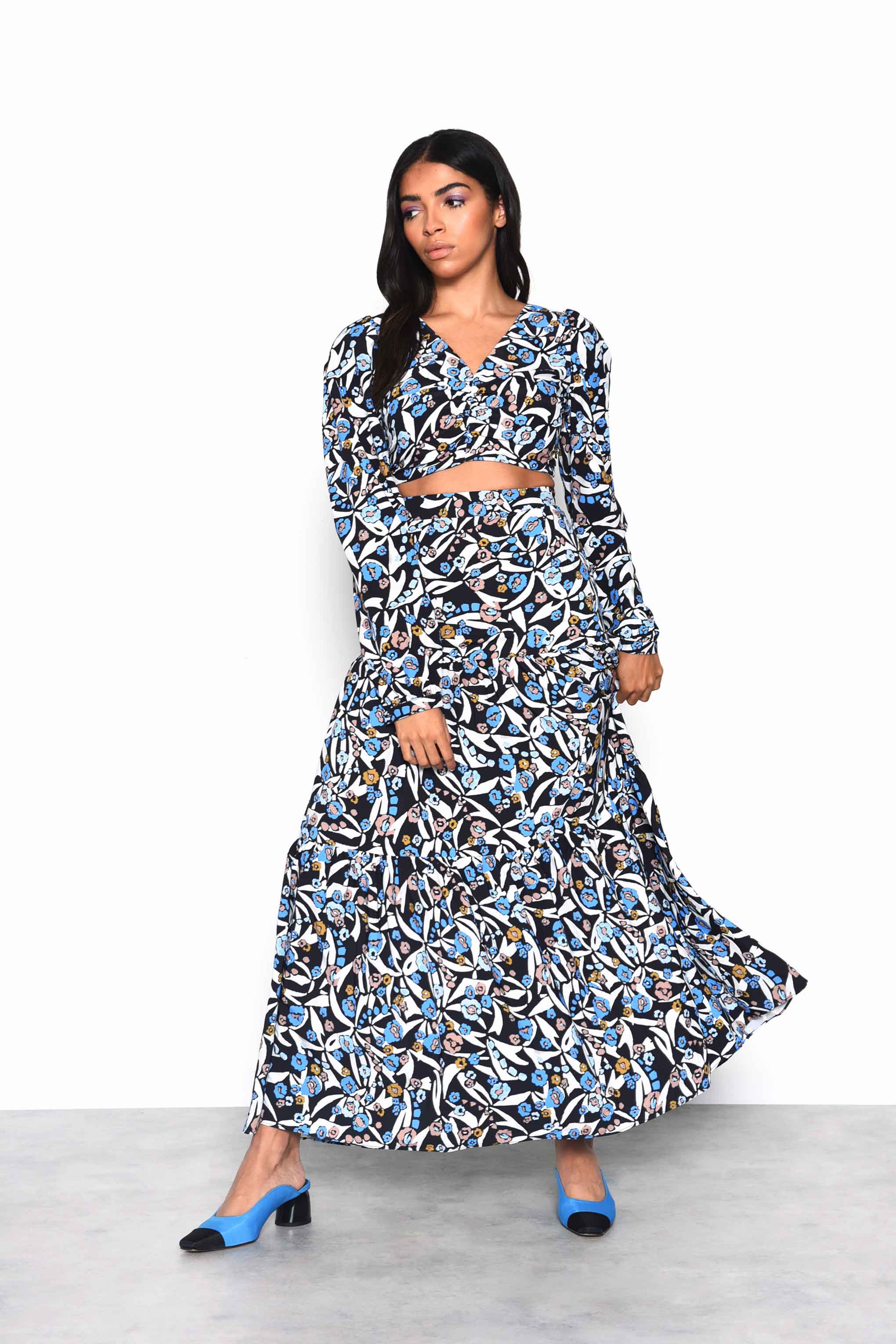 Multi Abstract V-Neck Gathered Crop-Top