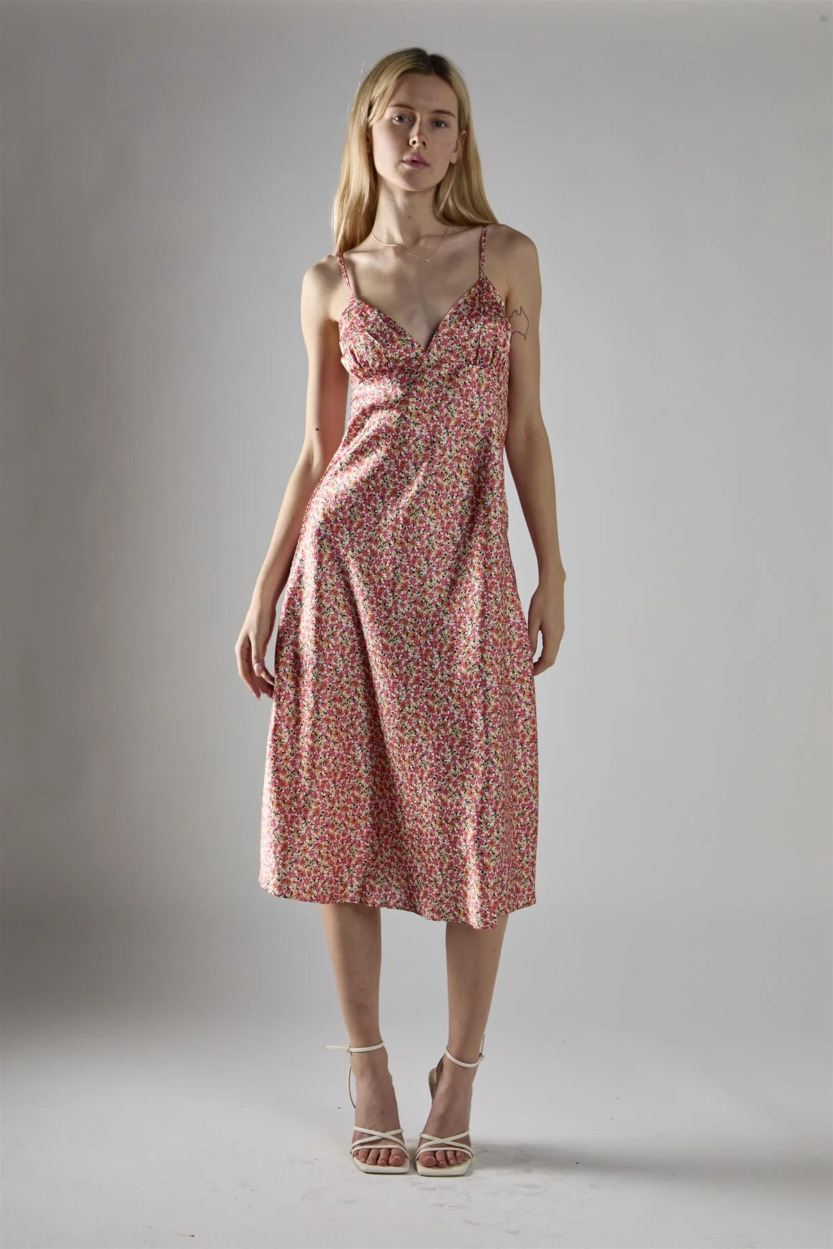 Multi Coral Ditsy Spaghetti-Strap Midi-Dress