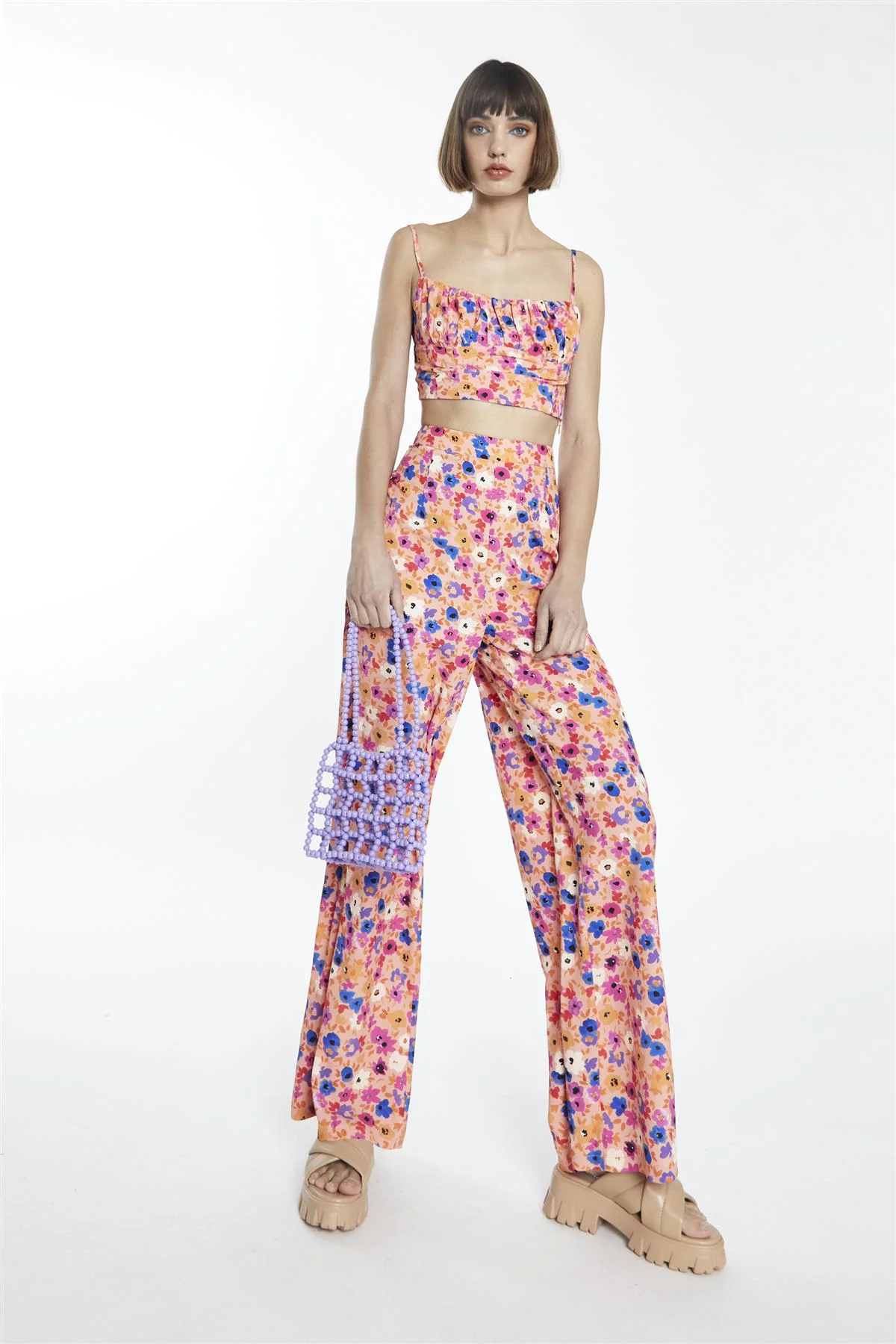 Multi Orange Floral High-Waist Loose-Trousers