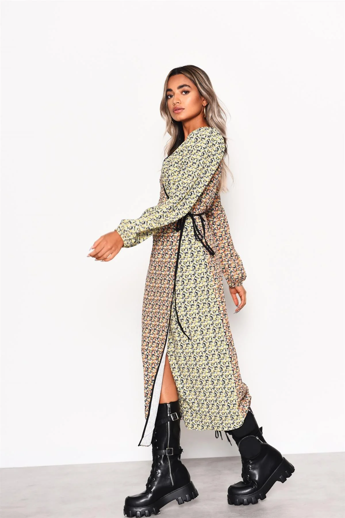 Multi Orange-Yellow Ditsy Wrap Midi-Dress - Image 3