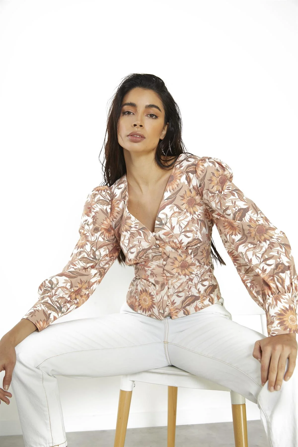 Multi-Sunflower V-Neck Button Up-Top - Image 4