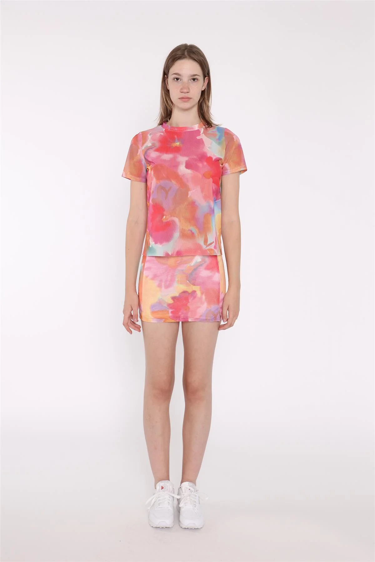 Multi Watercolour Flower Bodycon Cropped Tee