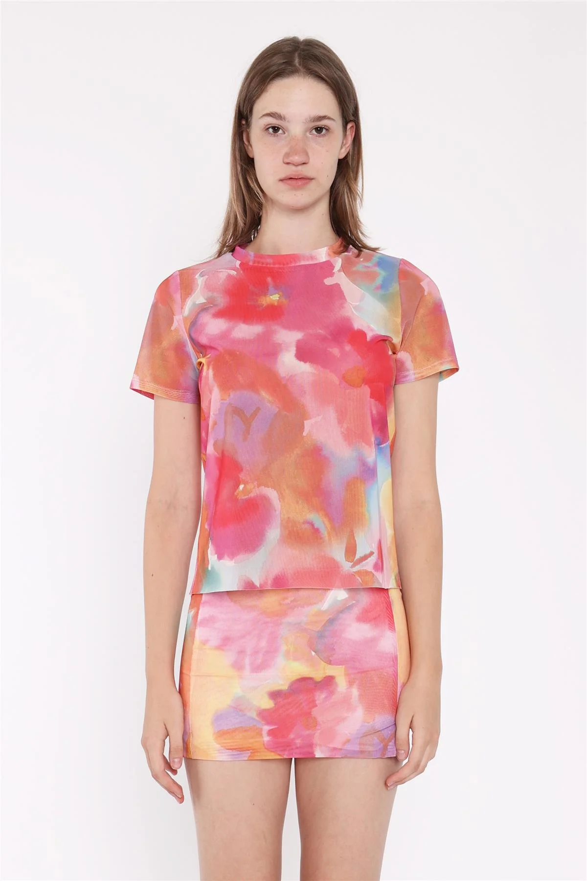 Multi Watercolour Flower Bodycon Cropped Tee - Image 3