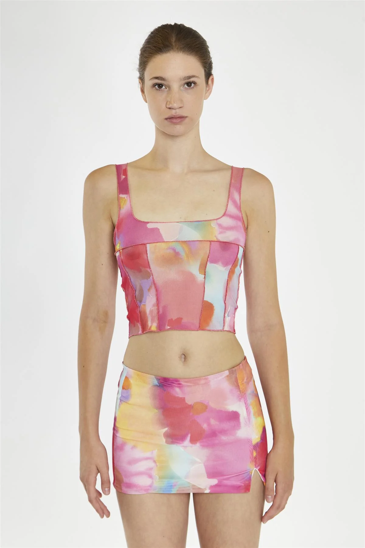 Multi-Watercolour Flower Exposed Seam Crop-Top - Image 3